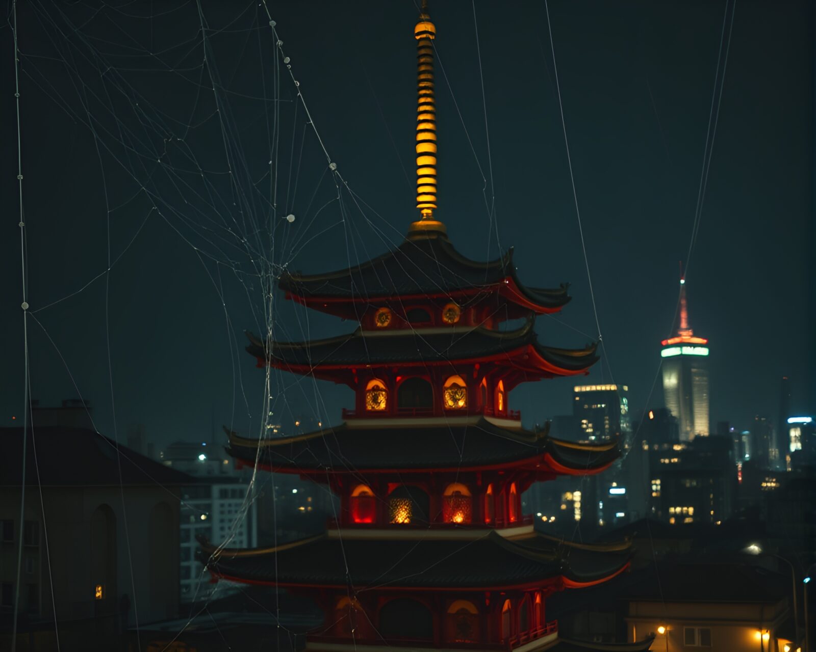 Dark 90s style skyscraper tower surrounded by cobweb strands