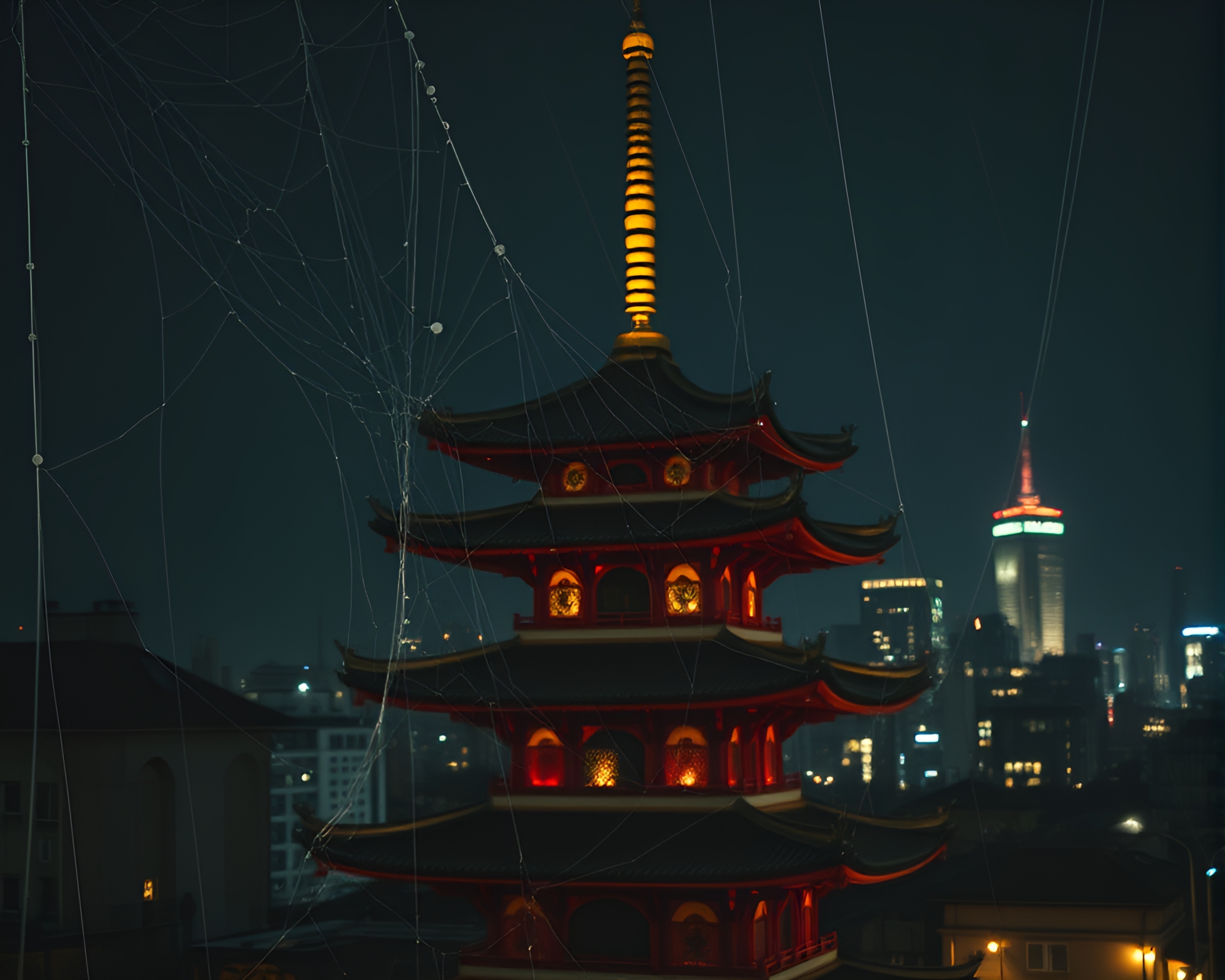 Grunge Pagoda Glows in Night City Cobweb Veil – free AI stock image