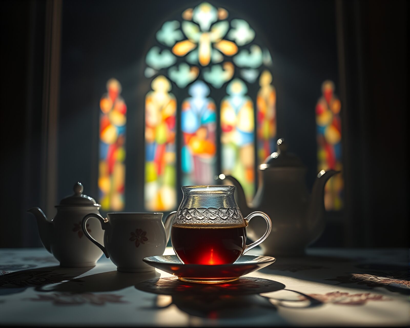 Stunning macro photograph of a tea set in stained glass light