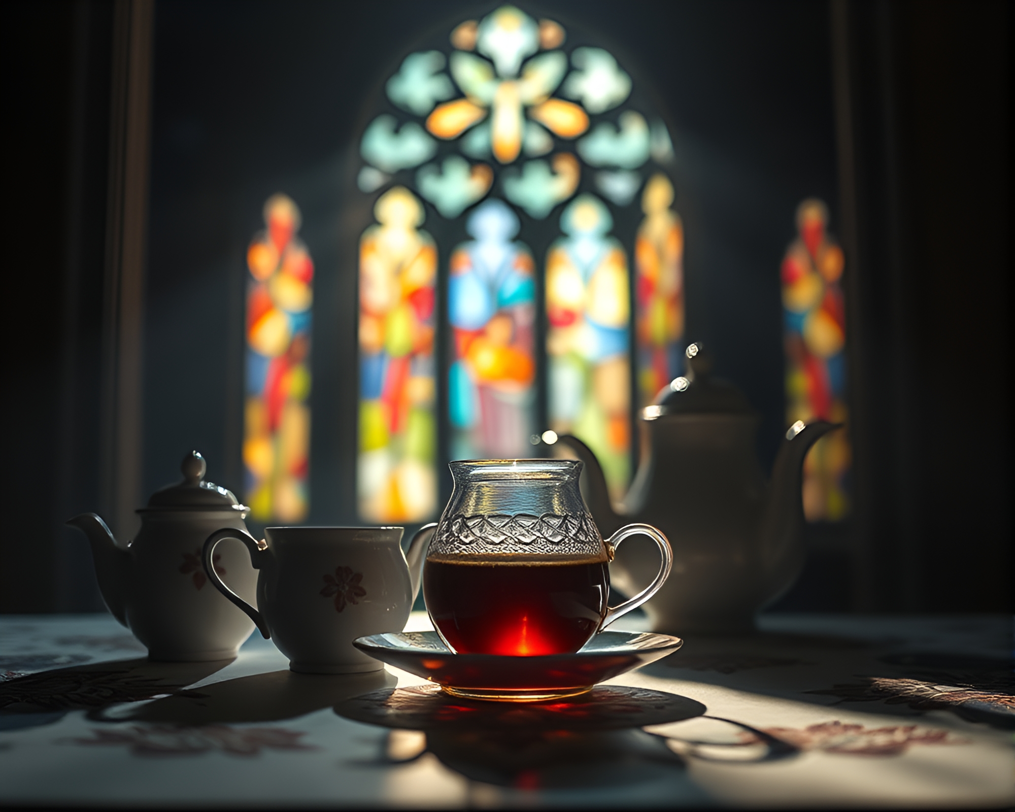 Elegant Negative Space Tea Set in Cathedral Lighting – free AI stock image