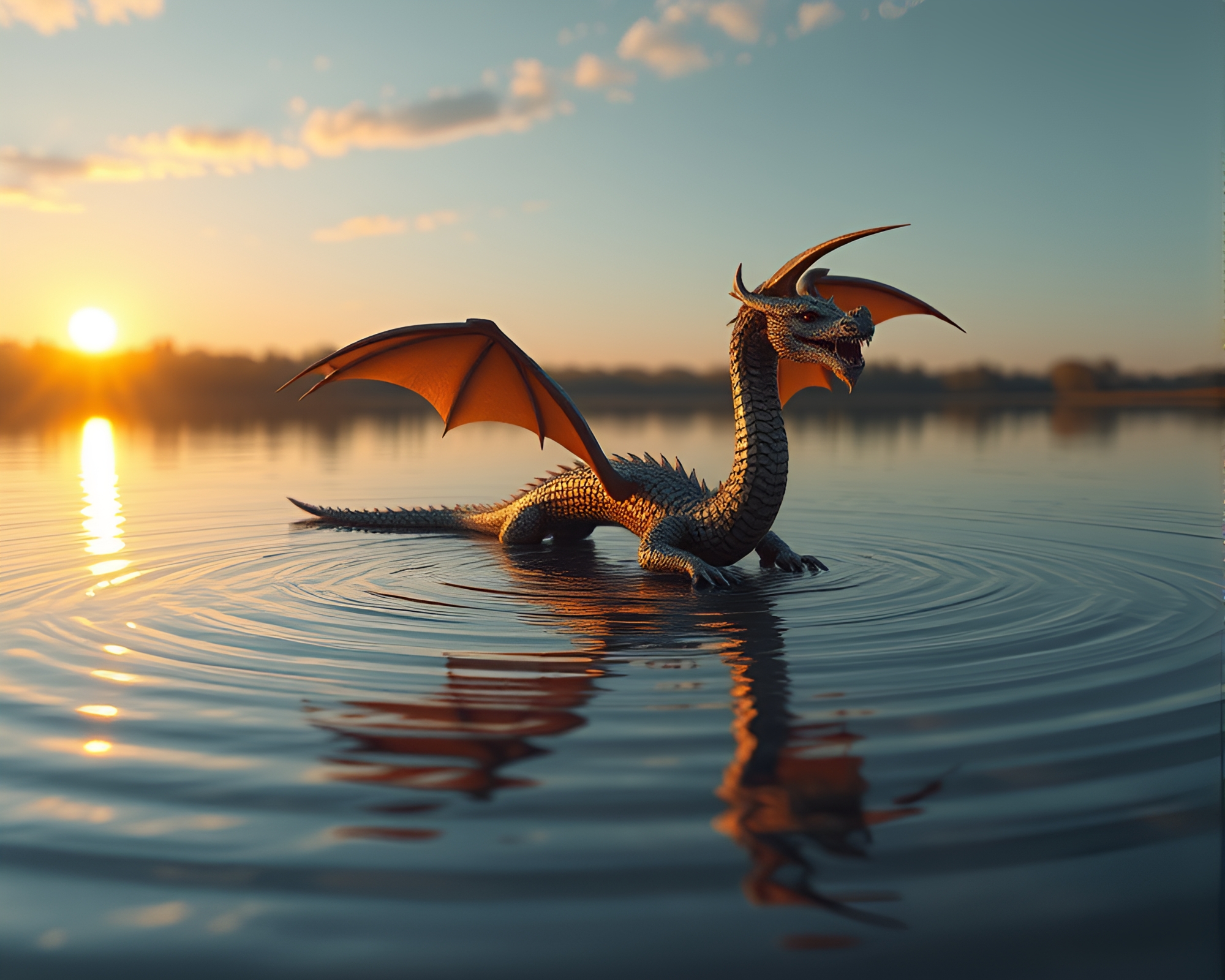 Dragon Reflecting in Afternoon Warm Glow Water Ripples – free AI stock image