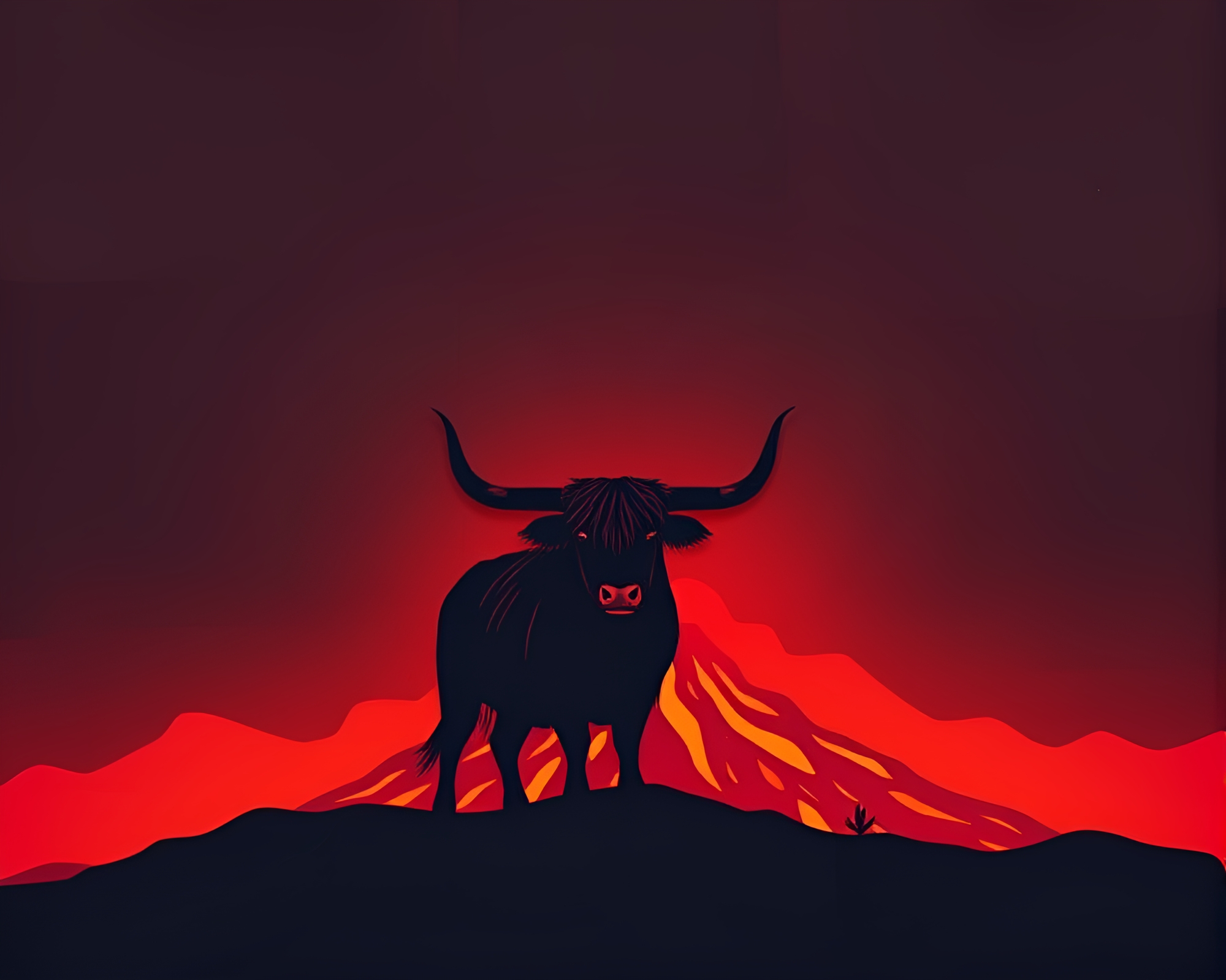 Highland Cow in Volcano Red Glow Silhouette Illustration – free AI stock image