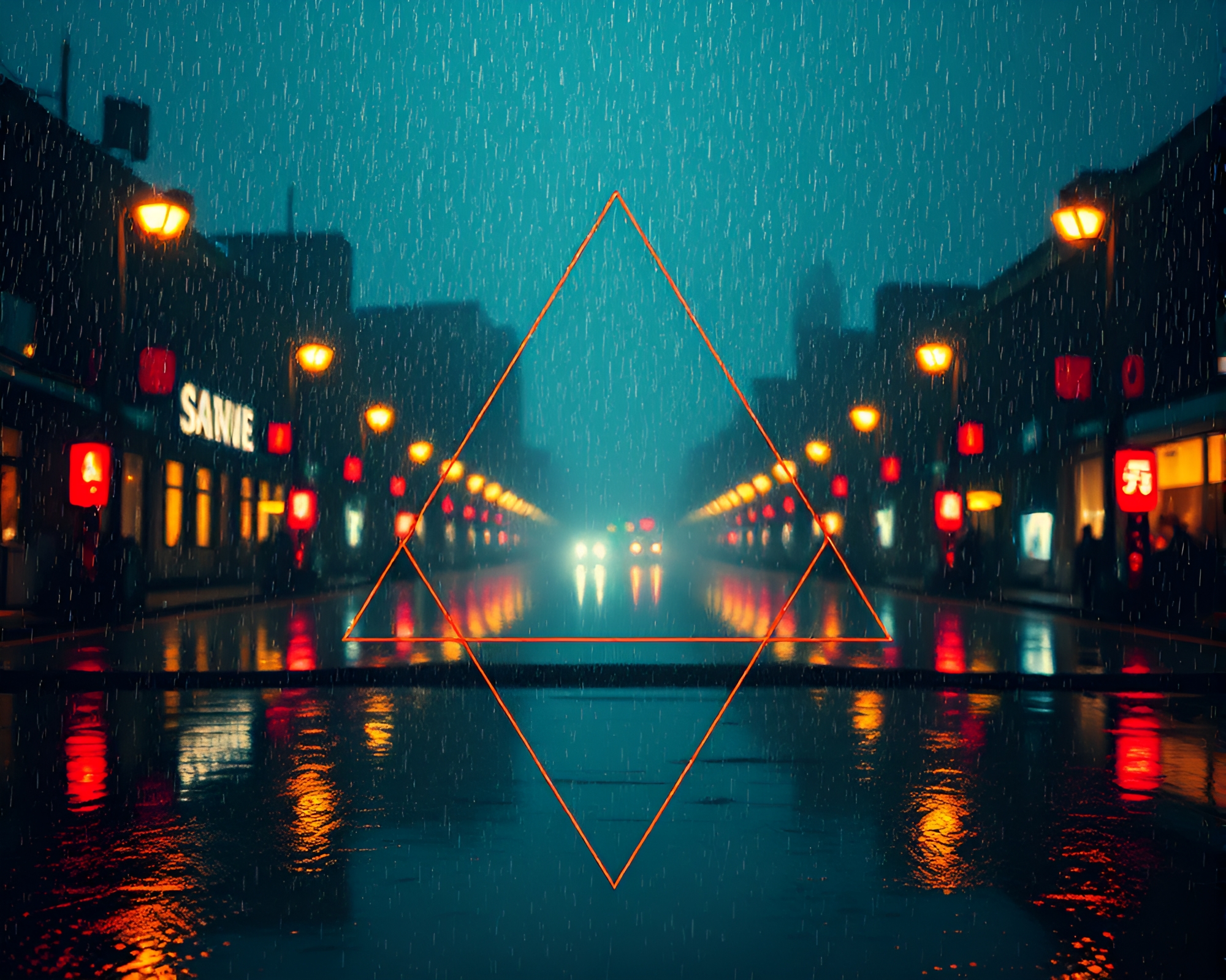 Futuristic Sacred Geometry in Rainy Reflections – free AI stock image