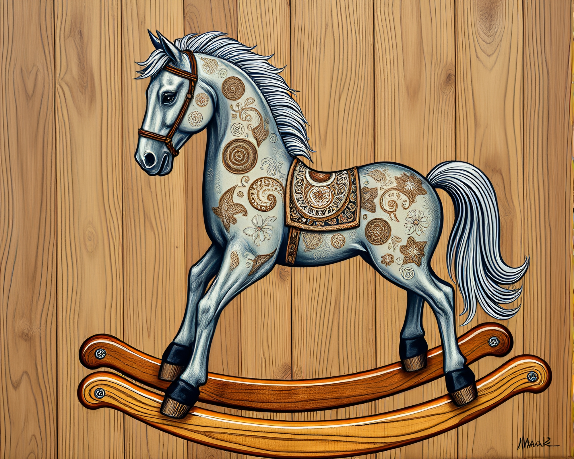 Intricate Gouache Painting of Wooden Rocking Horse with Glossy Highlights – free AI stock image