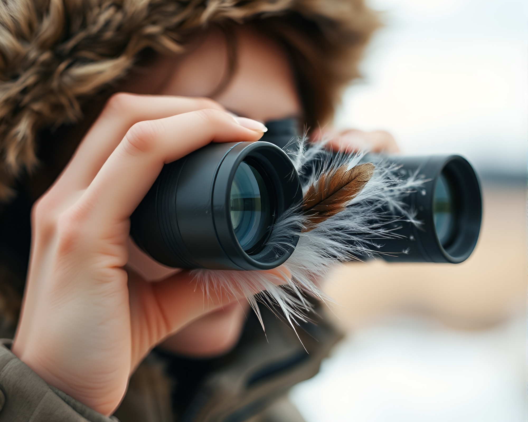 Écorché study of binoculars being feather-dusted – free AI stock image