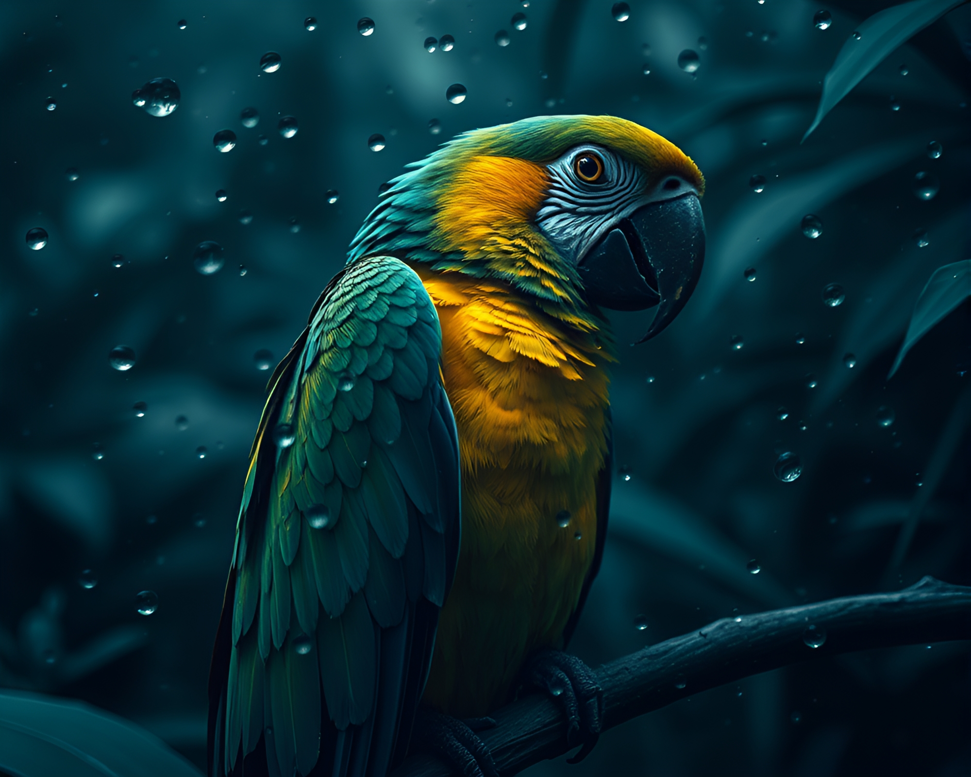 Tropical Parrot in Desaturated Maximalist Water Droplets – free AI stock image