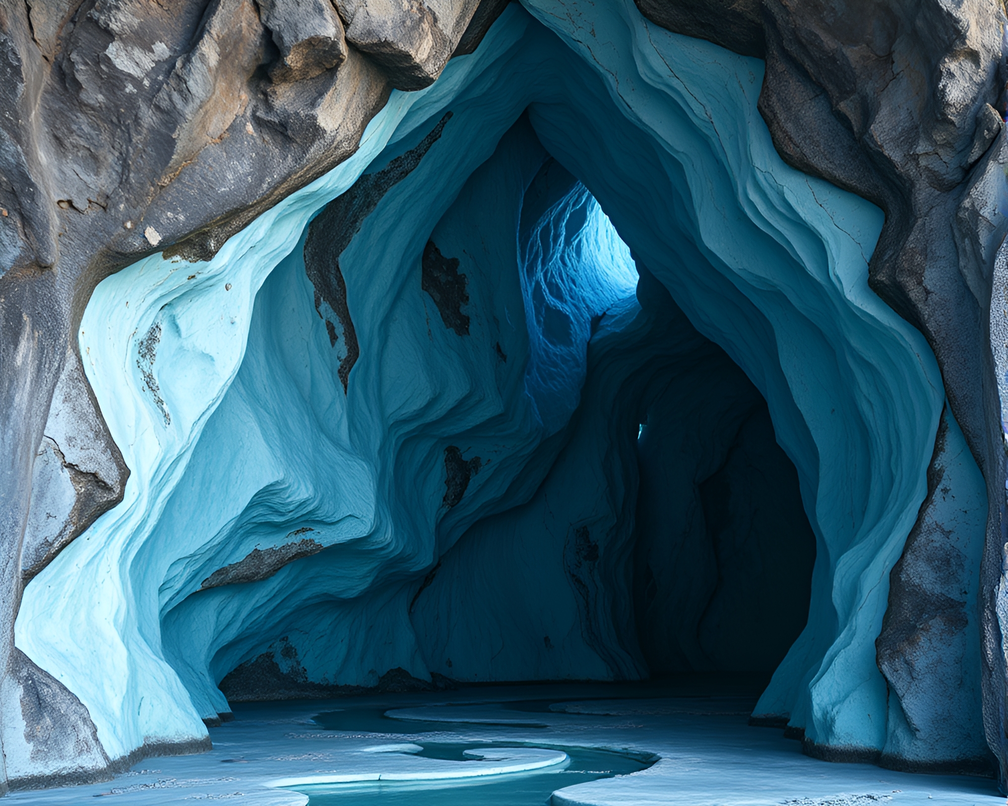 Surreal Glacial Cave with Steel-Blue Lighting – free AI stock image
