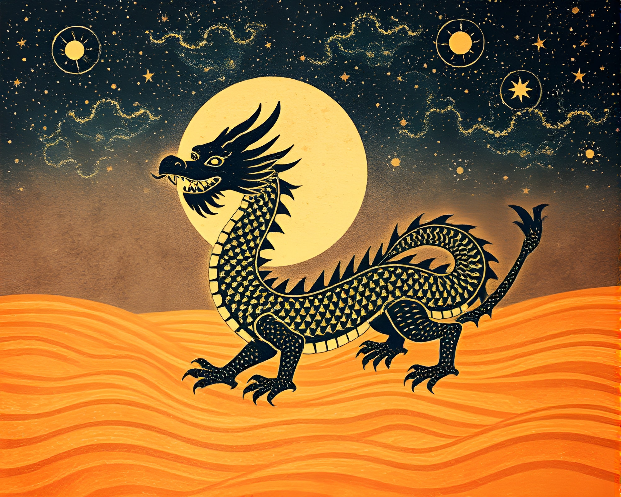 Celestial Dragon Woodblock Print in Desert Sands Light Painting – free AI stock image