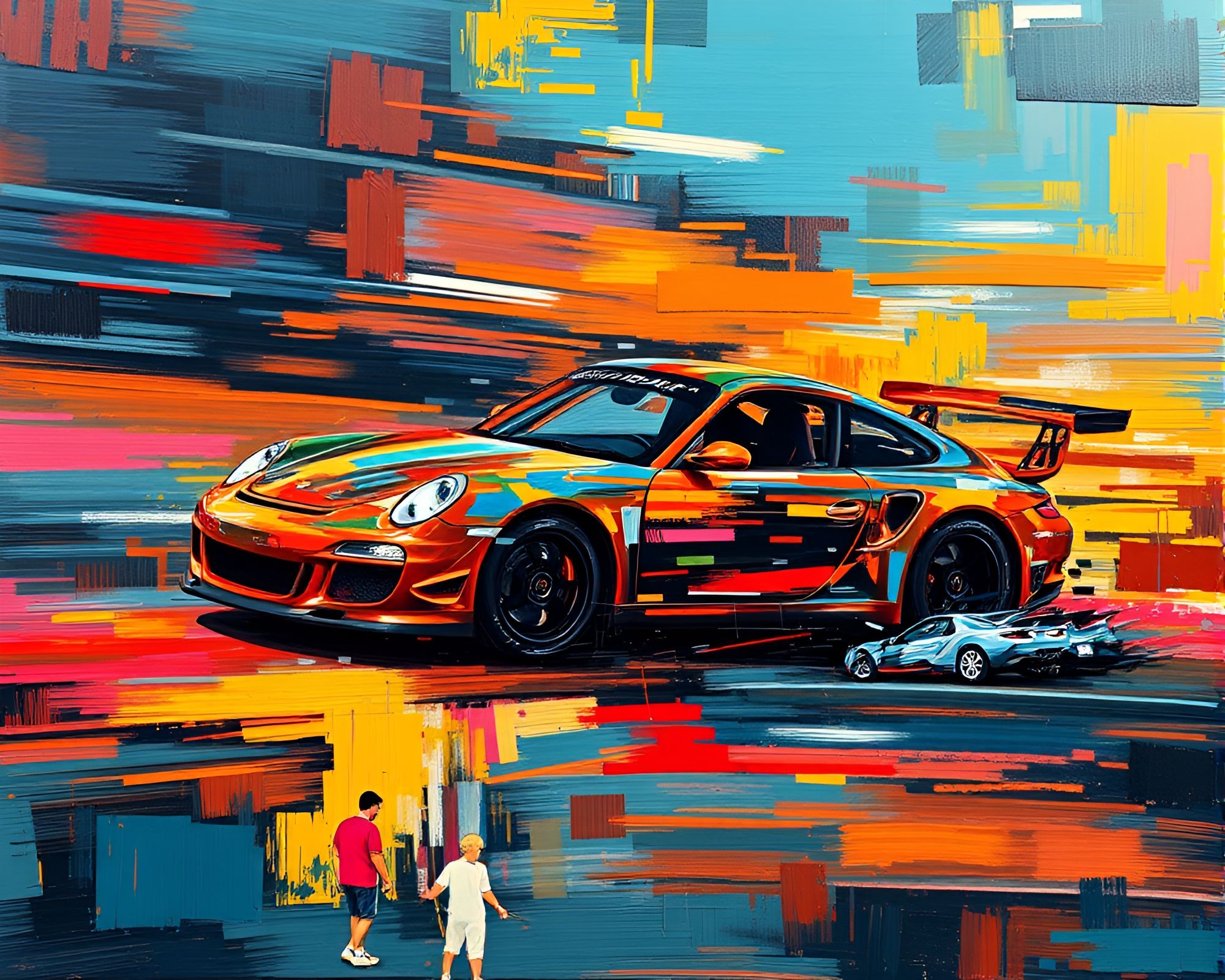 Futuristic Flying Car in Glitch Palette Knife Art – free AI stock image