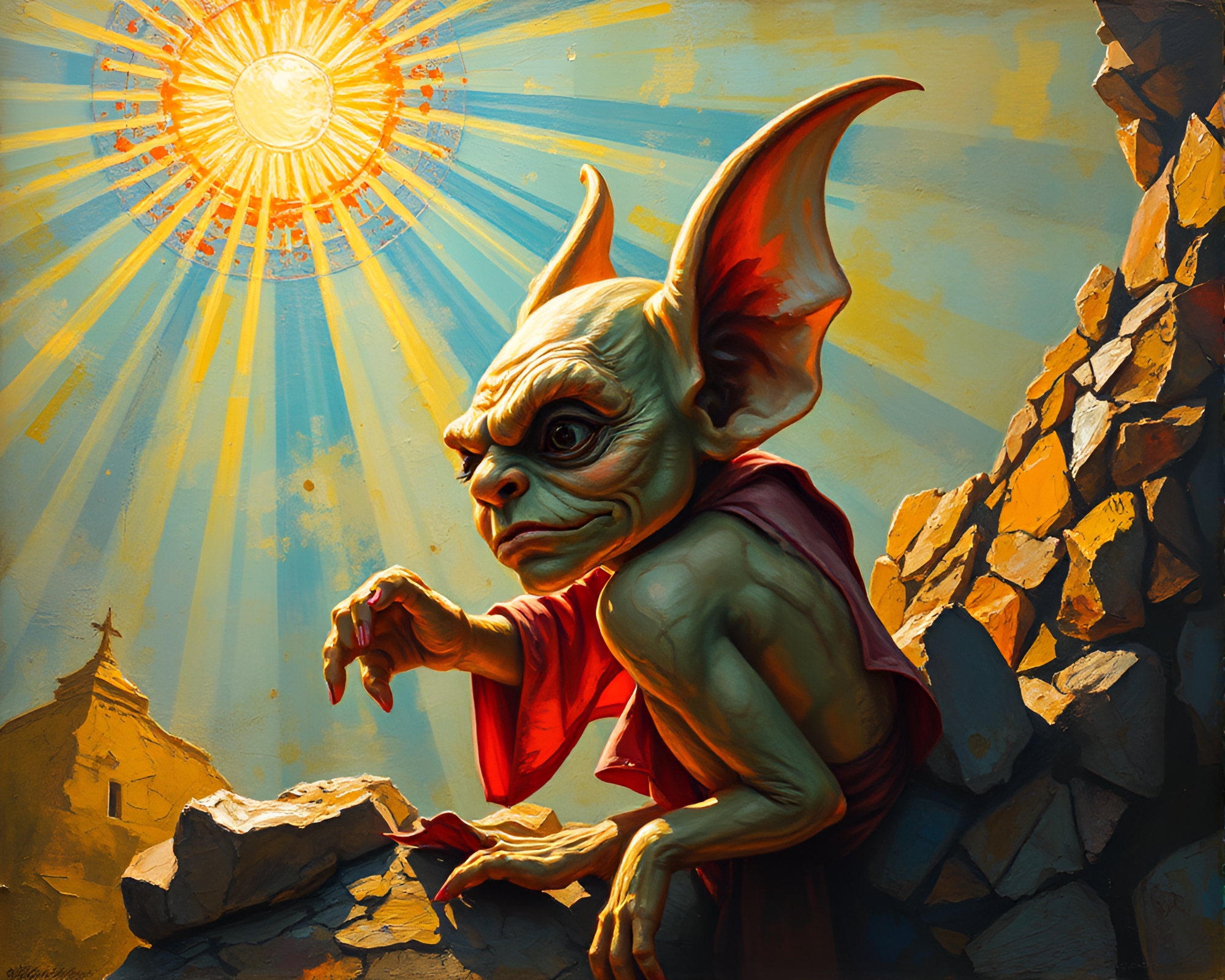 Goblin under sunbeam fresco with tilted perspective – free AI stock image