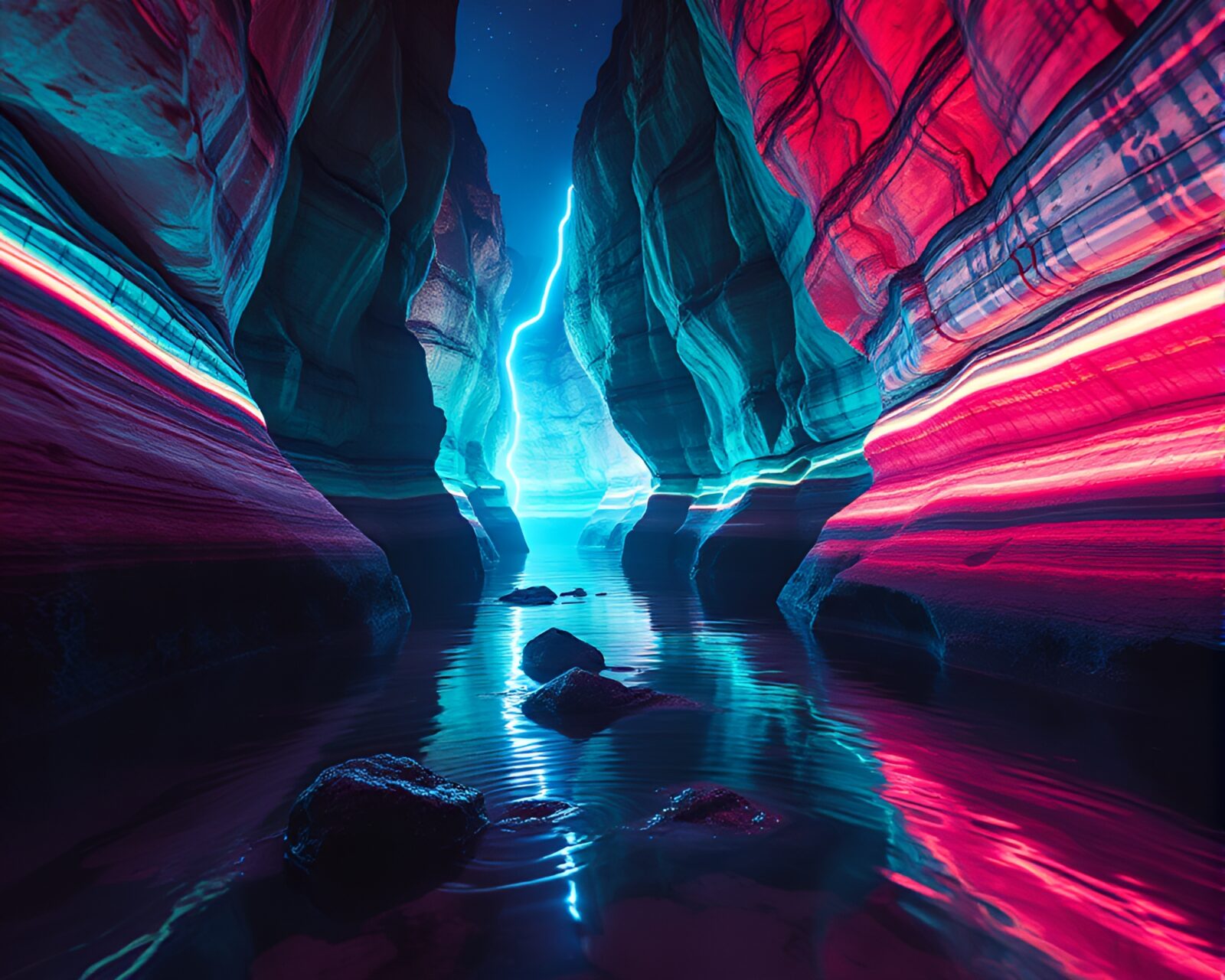 Iridescent waters in neon-lit canyon glowing at night