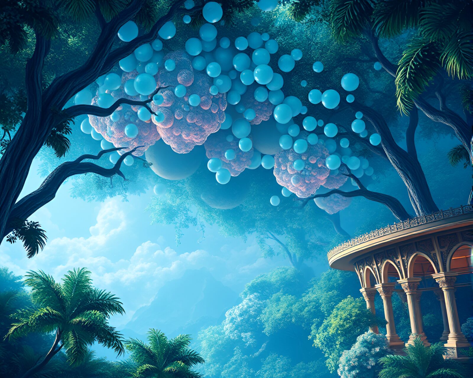 An intricate architectural visualization of bubble clusters in a rainforest canopy with an ocean-blue palette.