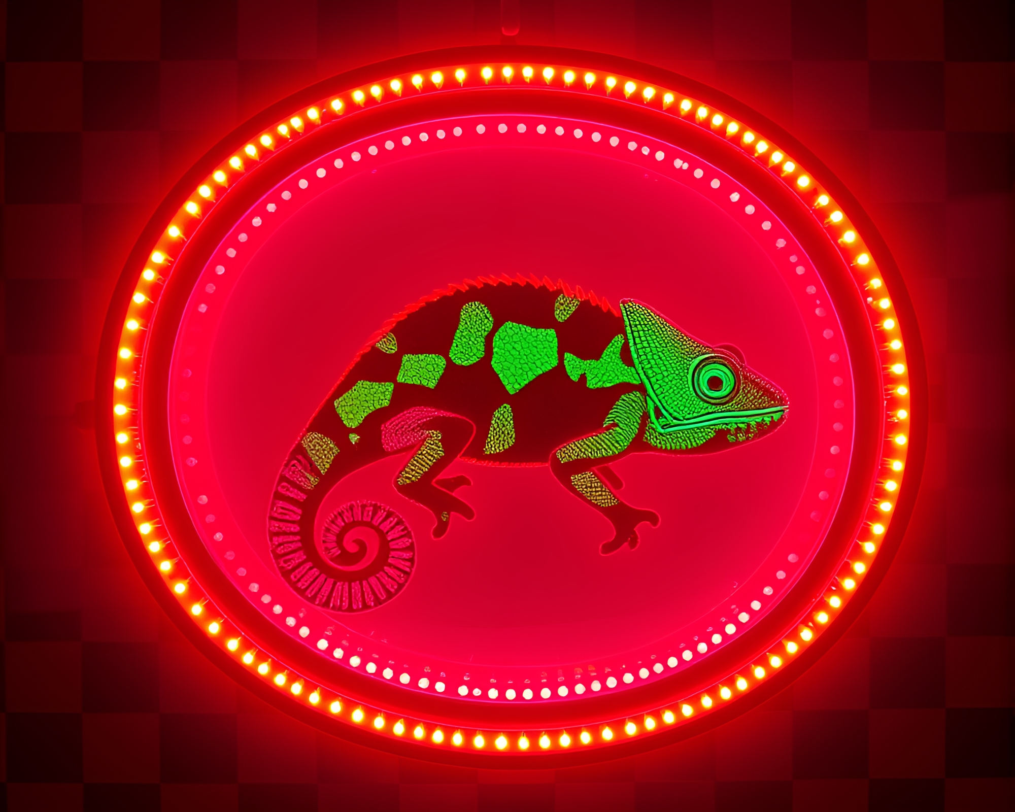 Chameleon in Checkered Darkness with Flickering Lights – free AI stock image
