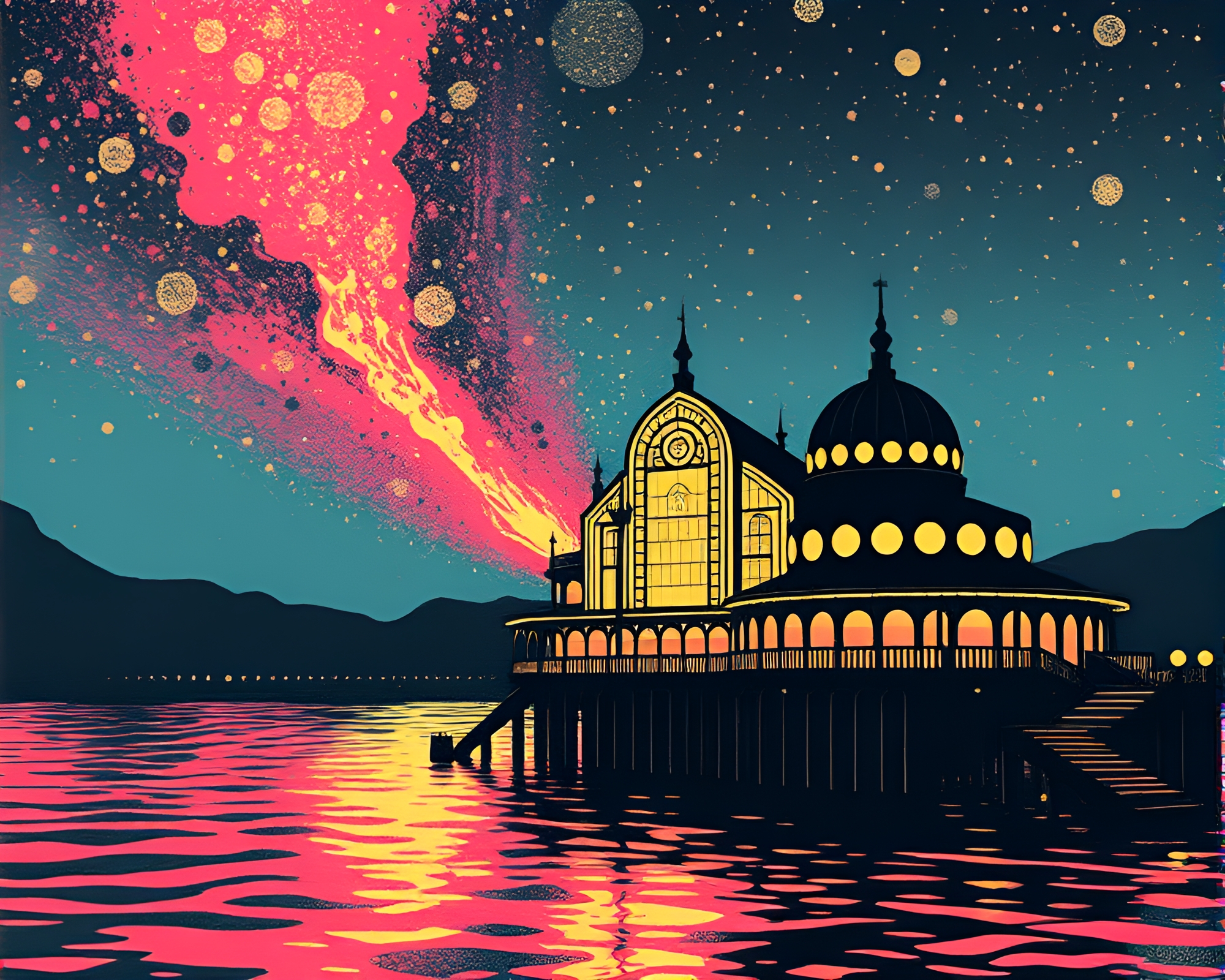 Pop Art Floating Crystal in Opera-house Glow – free AI stock image
