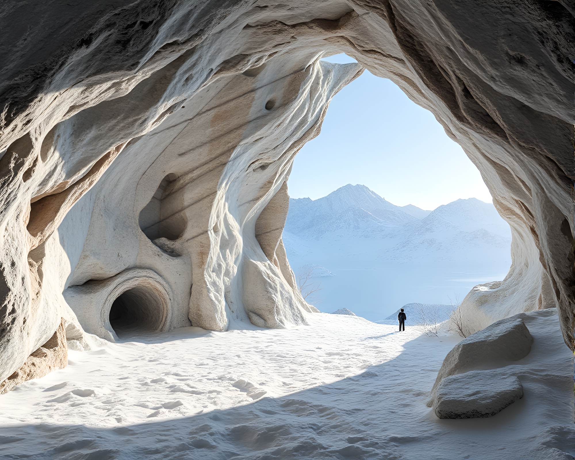 Glacial Cave Architectural Frame in Snow-Kissed Light – free AI stock image