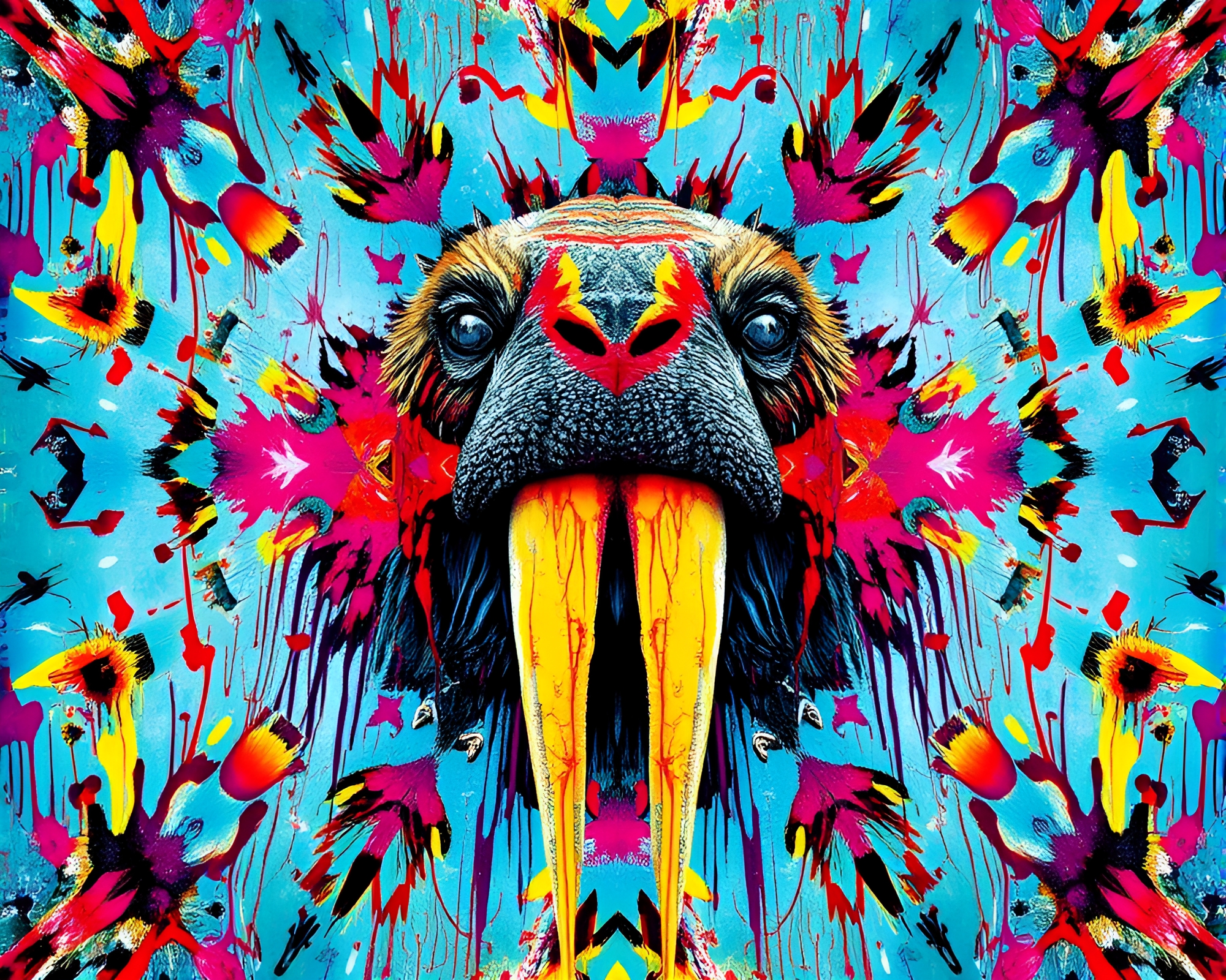 Surrealist Walrus Bathed in Kaleidoscope Spray Paint Drips – free AI stock image