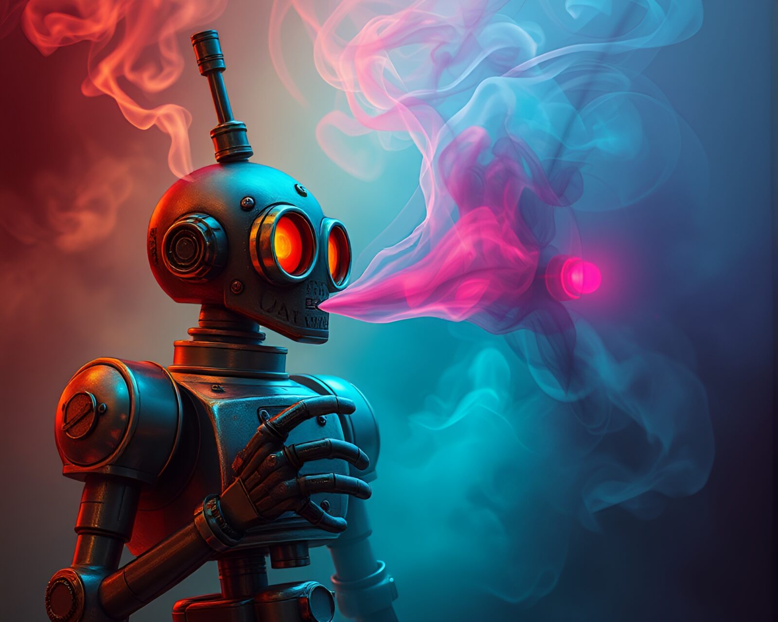 Fantasy illustration of a mechanical robot creating smoke rings