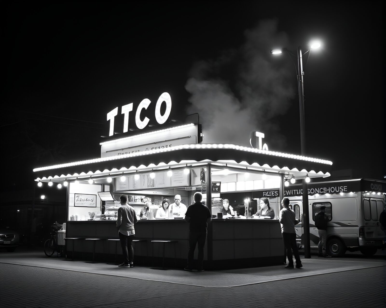 Elegant glow casts on monochrome food stall from above