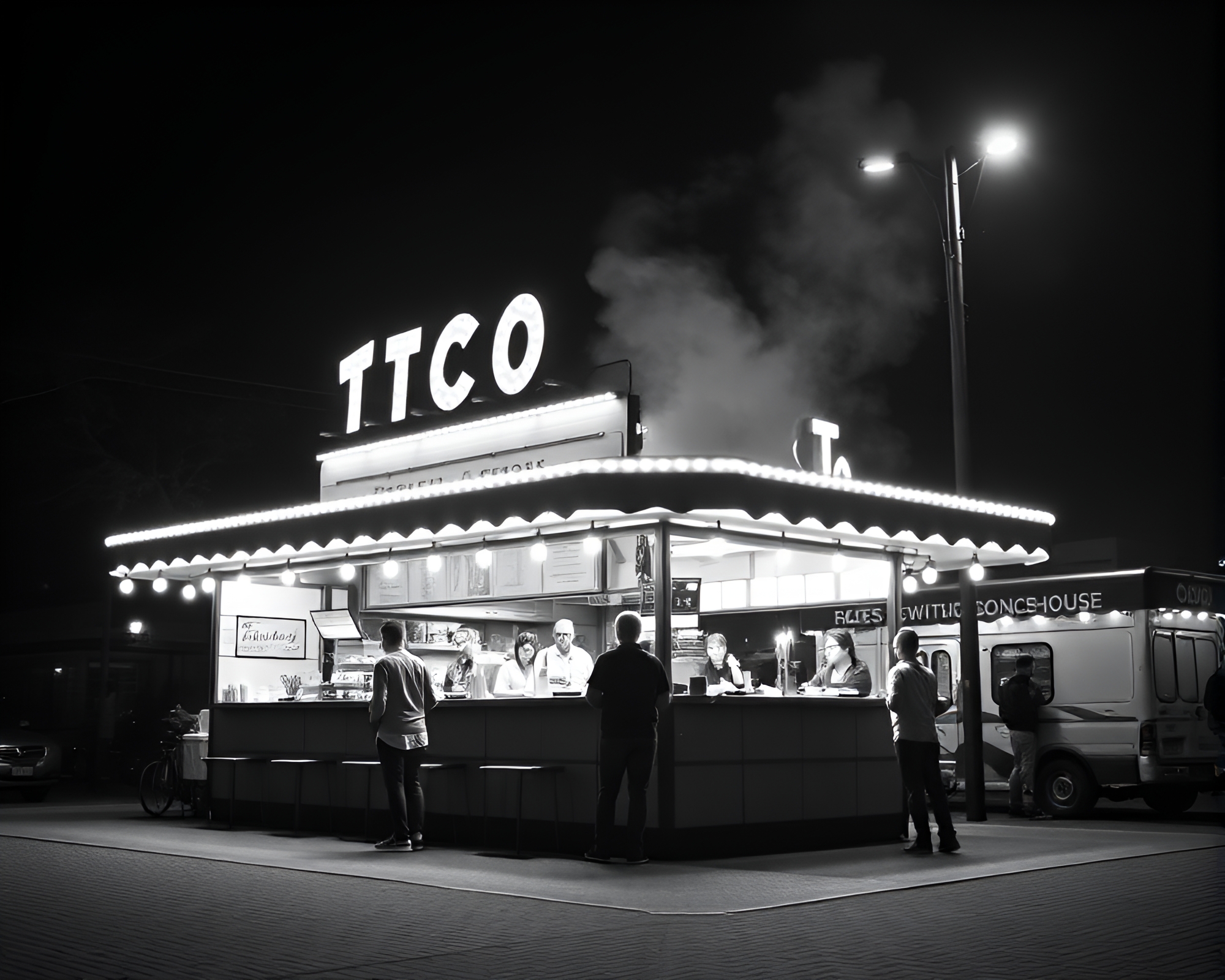 High-Angle Shot of Operatic Black and White Taco Stand – free AI stock image