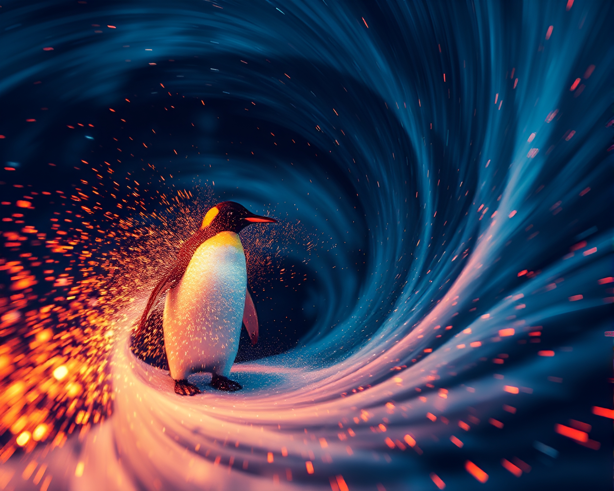 Penguin Festival in Swirling Vortex of Colorful Fireworks – free AI stock image