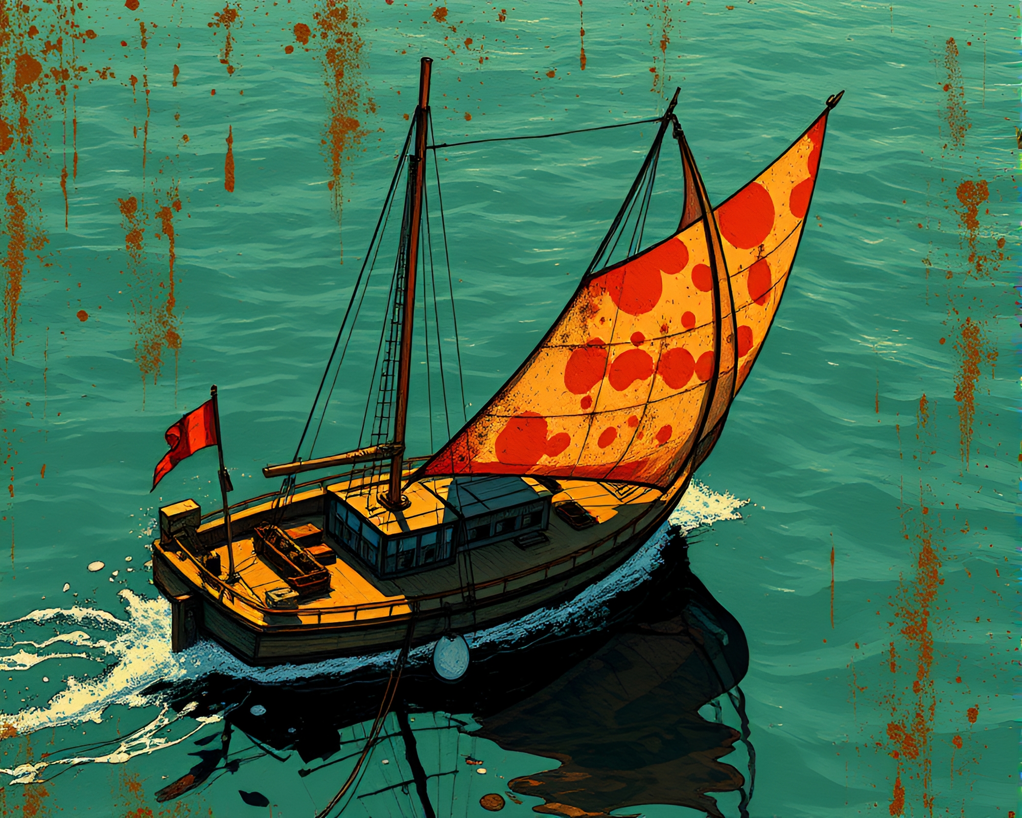 Solar Necromantic Sailboat in Rust Stain Compositions – free AI stock image