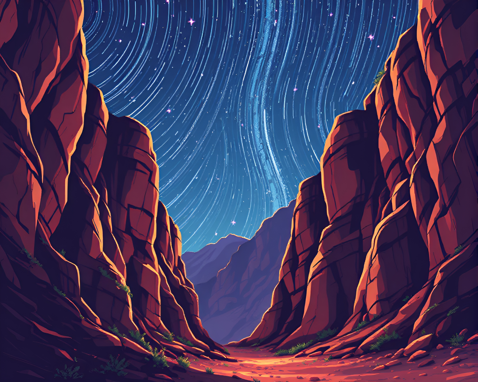 Starry Canyon Night with Pixelated Light Show – free AI stock image