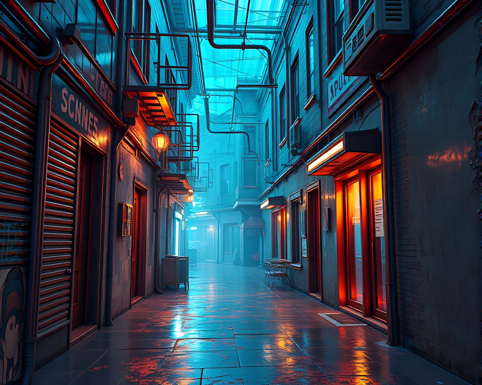 Bronze Cyberpunk Alley: Ice-Blue High-Poly Render – free AI stock image
