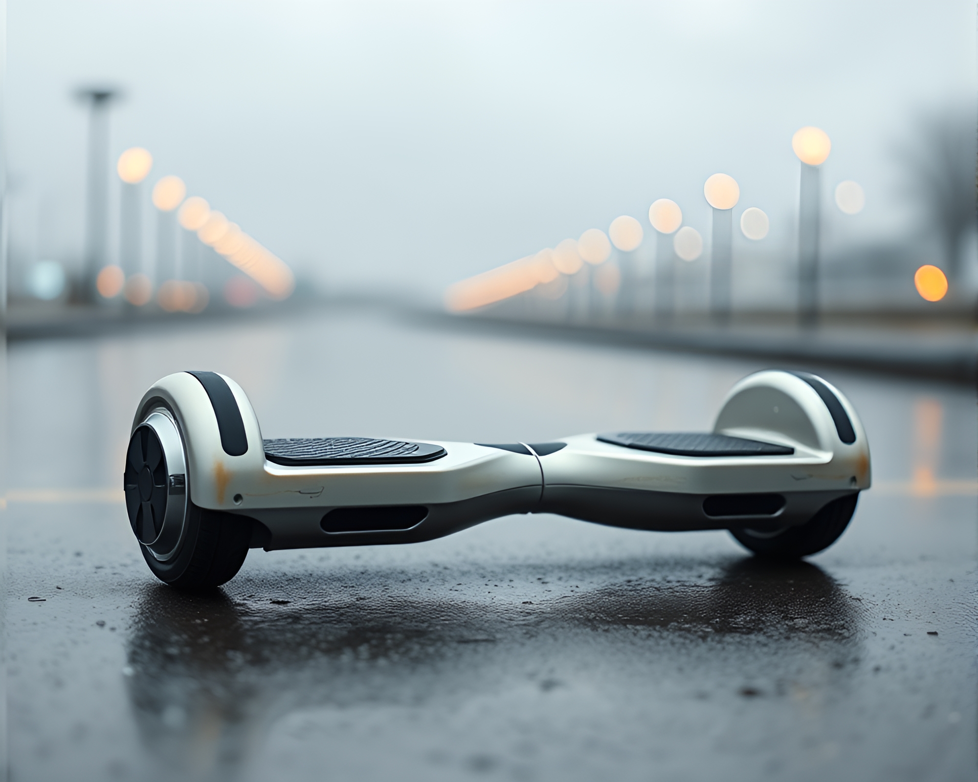 Glowing Hoverboard on Rainy City Pavement – free AI stock image