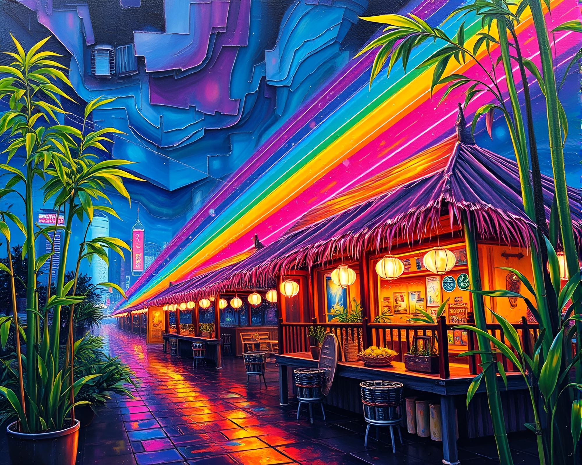 Neon Bamboo Hut Reflecting Oil Slick Rainbow Glow – free AI stock image