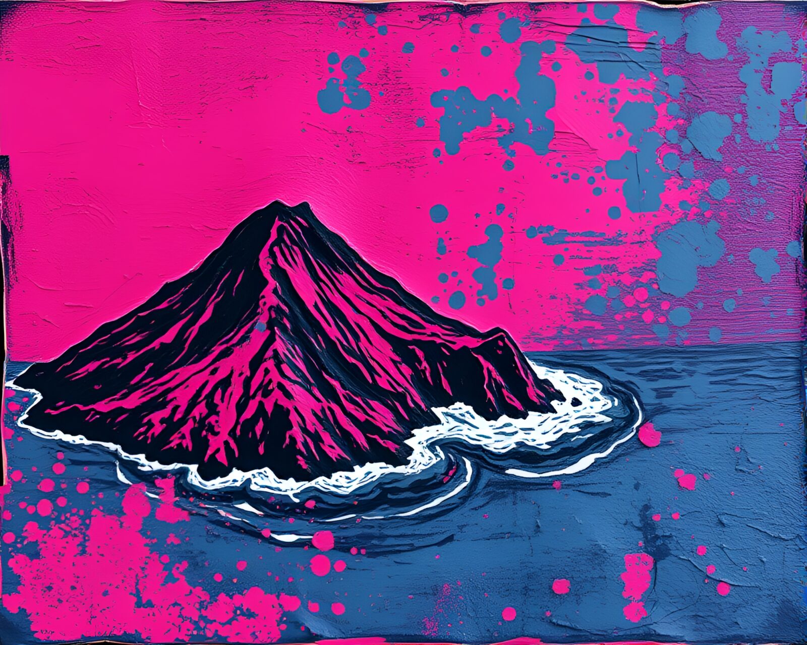 Impressionistic linocut of a surreal volcanic island in magenta hues