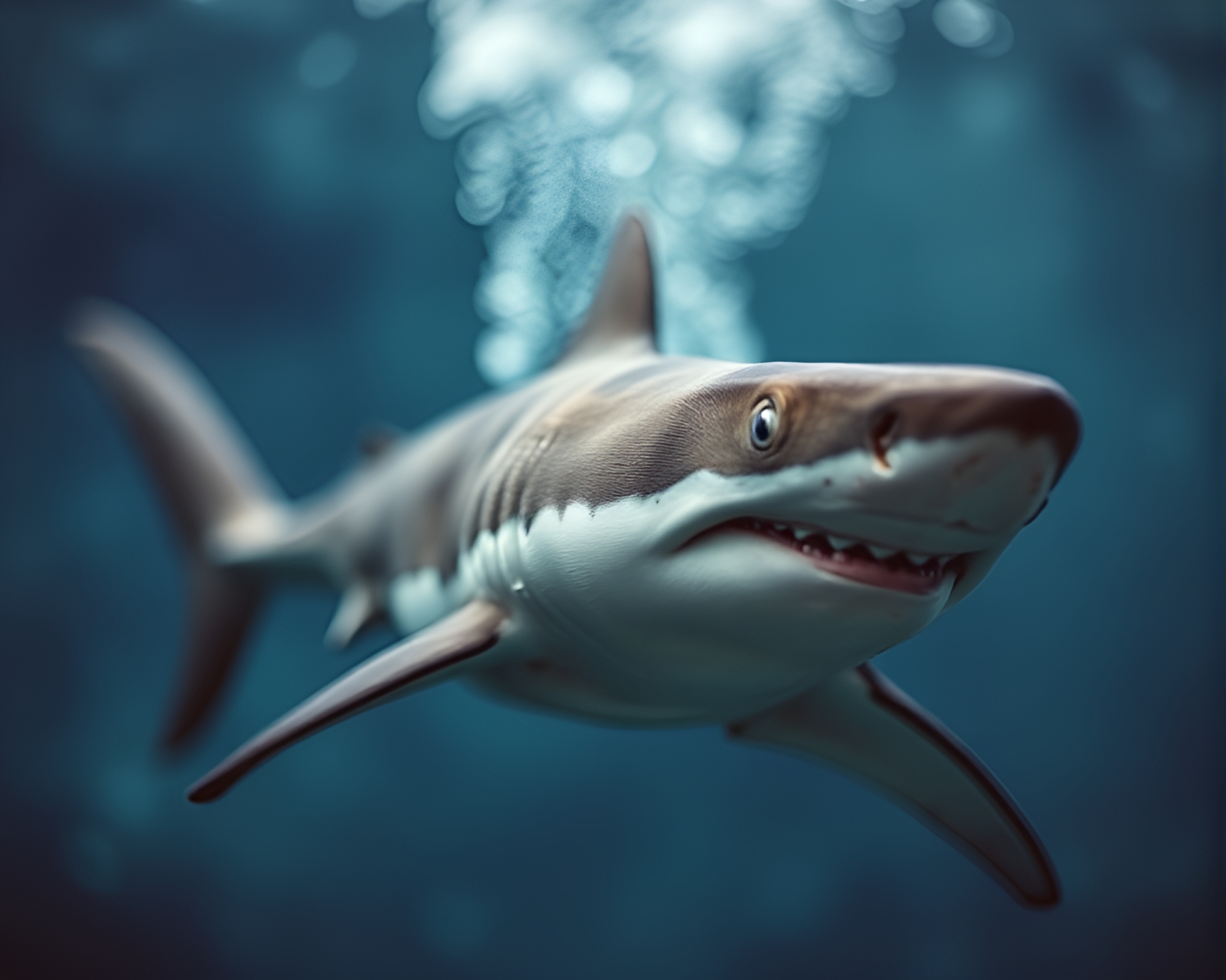 Shark amidst vibrant fabric folds with bokeh effect – free AI stock image