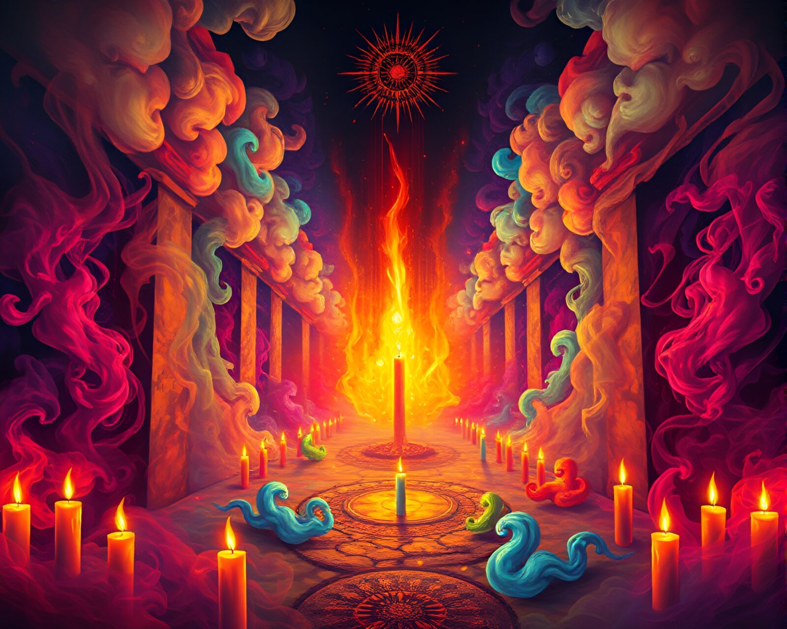 Vibrant mural of a mind palace with swirling candle smoke