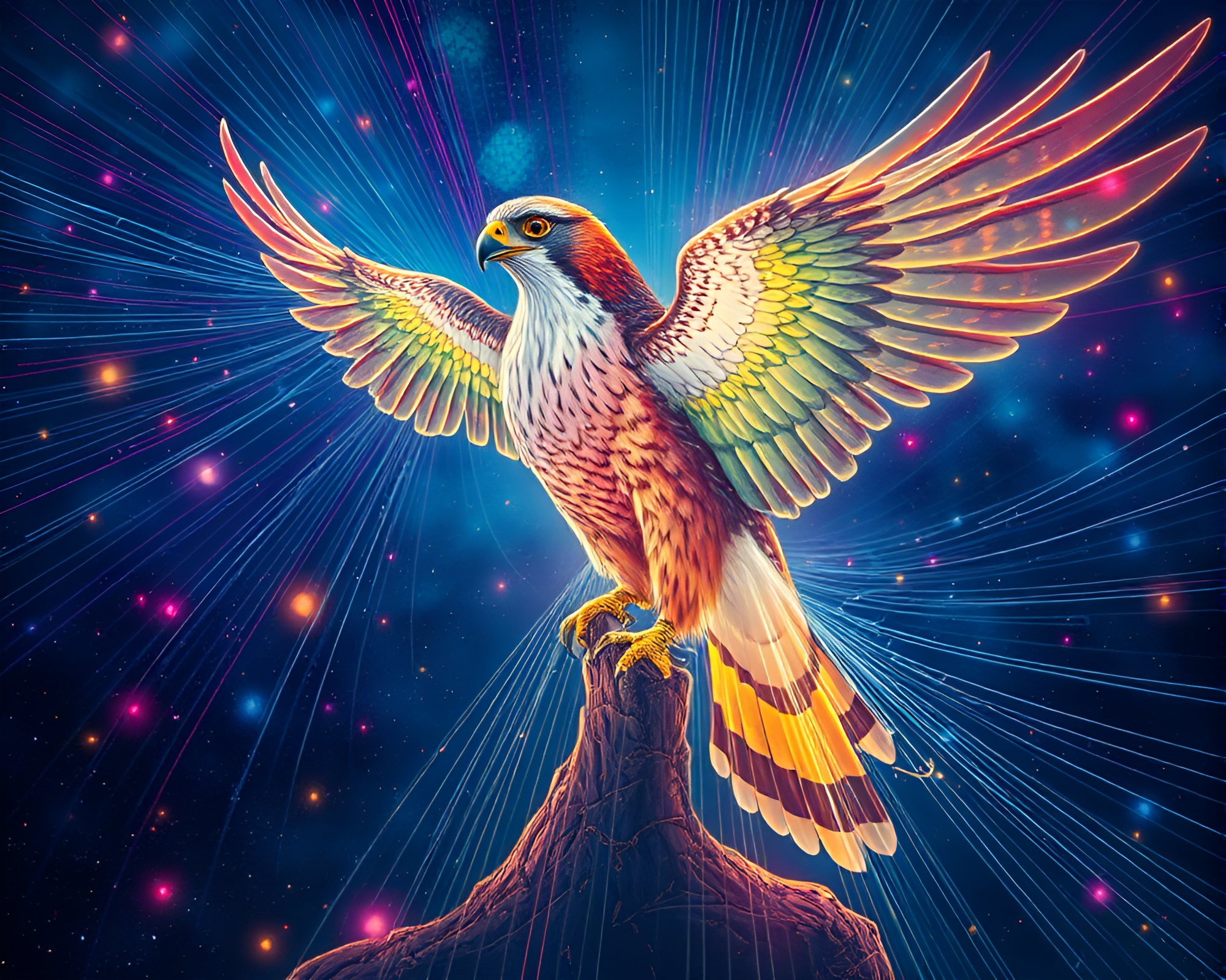 Surreal Falcon Flight Through Fiber Optic Wonderland – free AI stock image