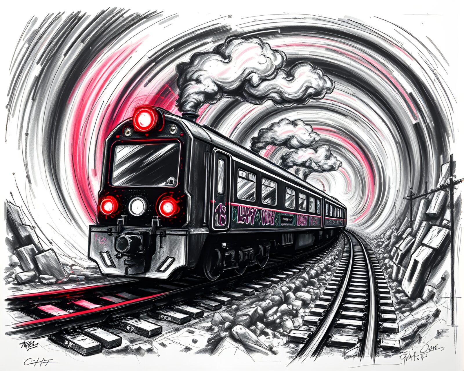 Graffiti-covered high-speed train floating in swirling vortex