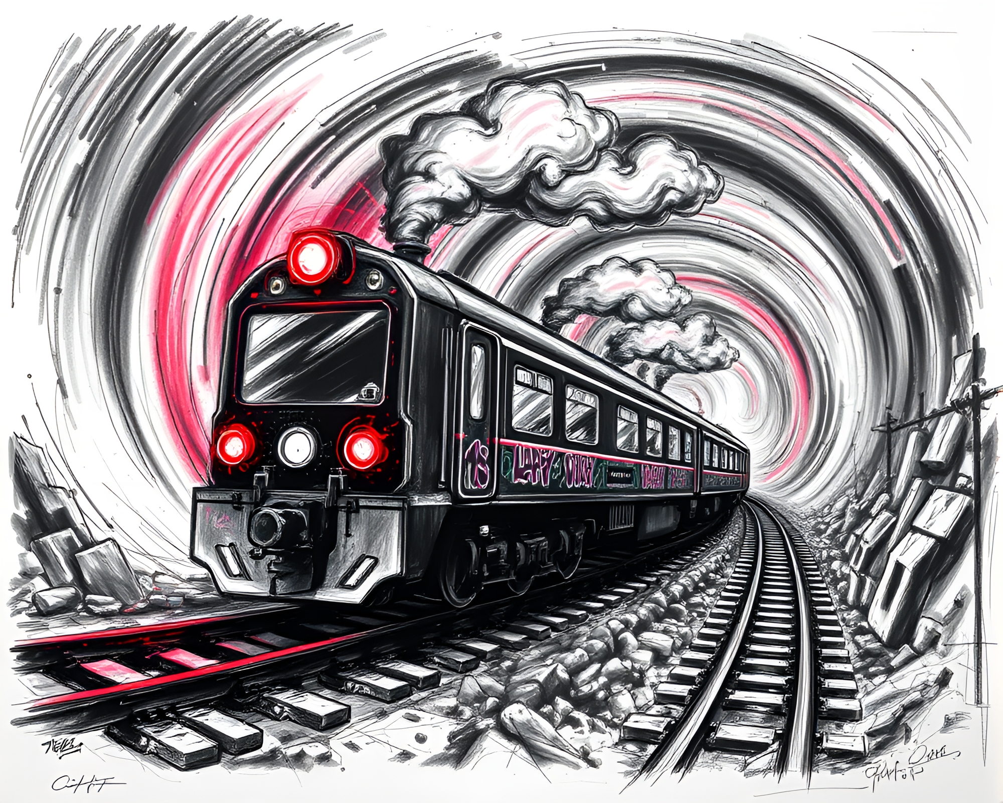 Magnetic Levitation Neon Train in Charcoal Vortex Sketch – free AI stock image