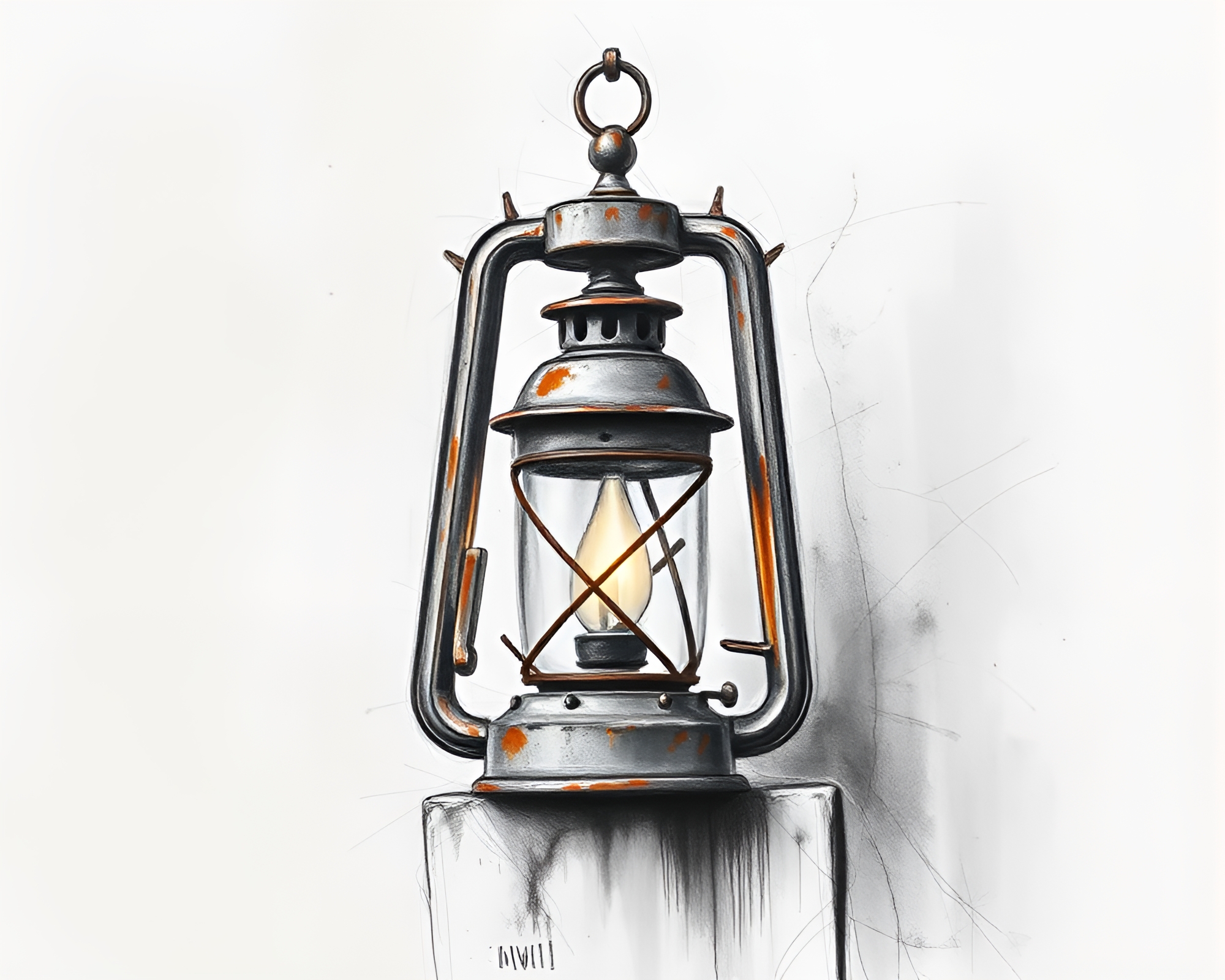Rust Patina Cliff Lantern Light Charcoal Sketch Scene – free AI stock image