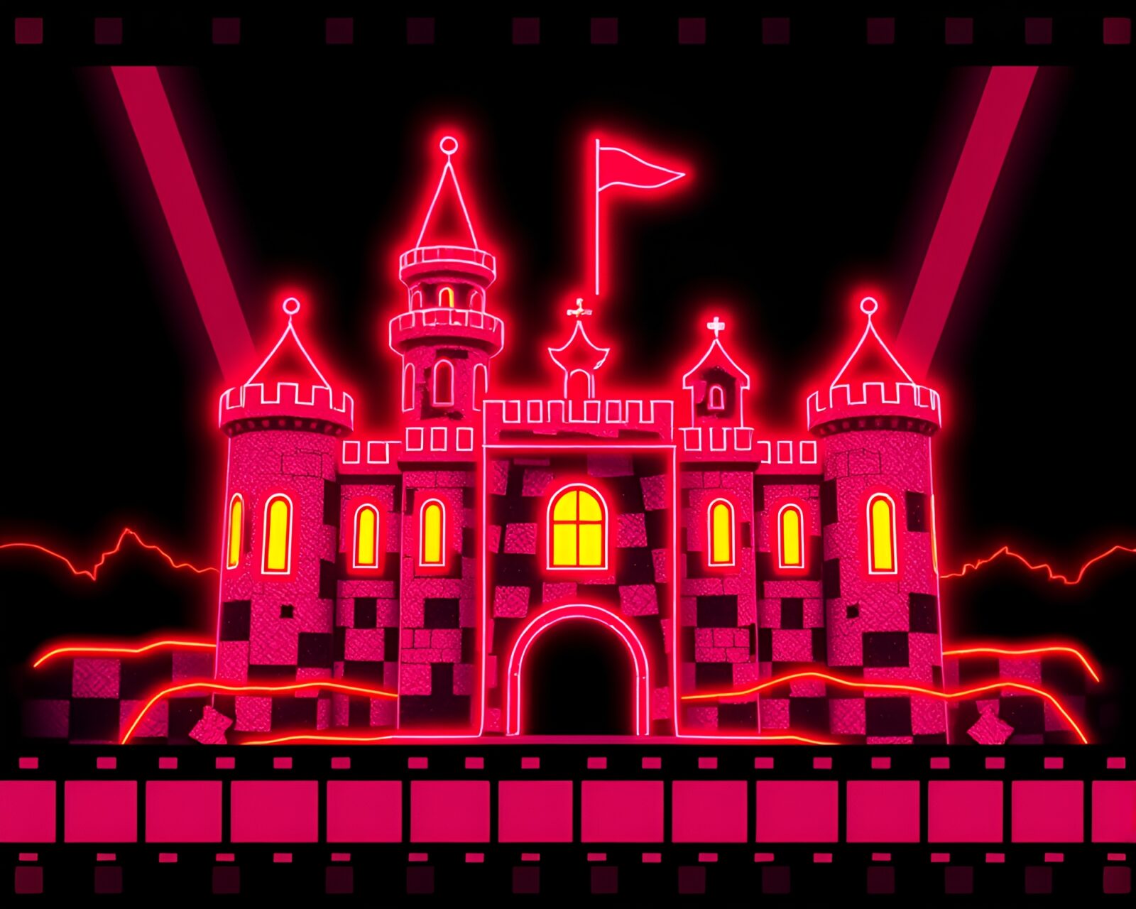 Vibrant neon graffiti splashed on a checkered castle wall