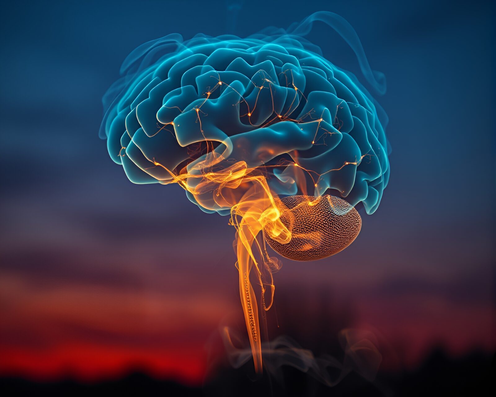 Abstract silhouette of AI brain in twilight with steam vapor