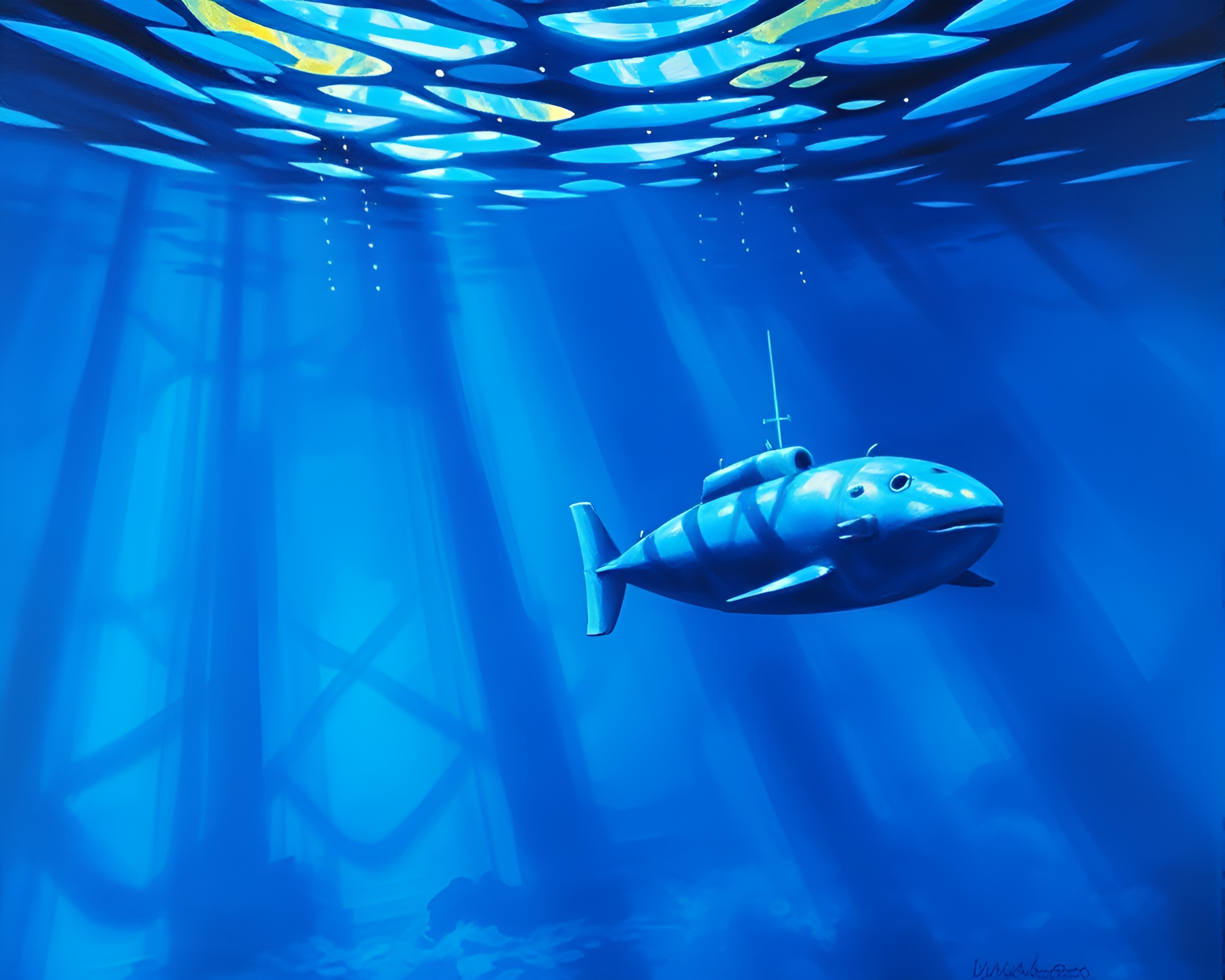 Submerged Submarine: Gouache Seascape with Leading Lines – free AI stock image