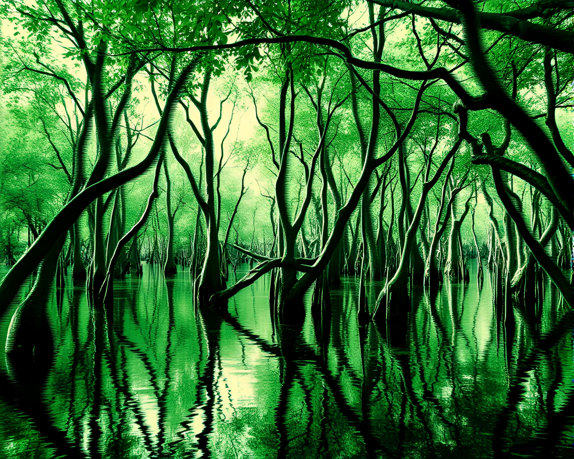 Glitch Art Mangrove Swamp in Monochrome Green – free AI stock image