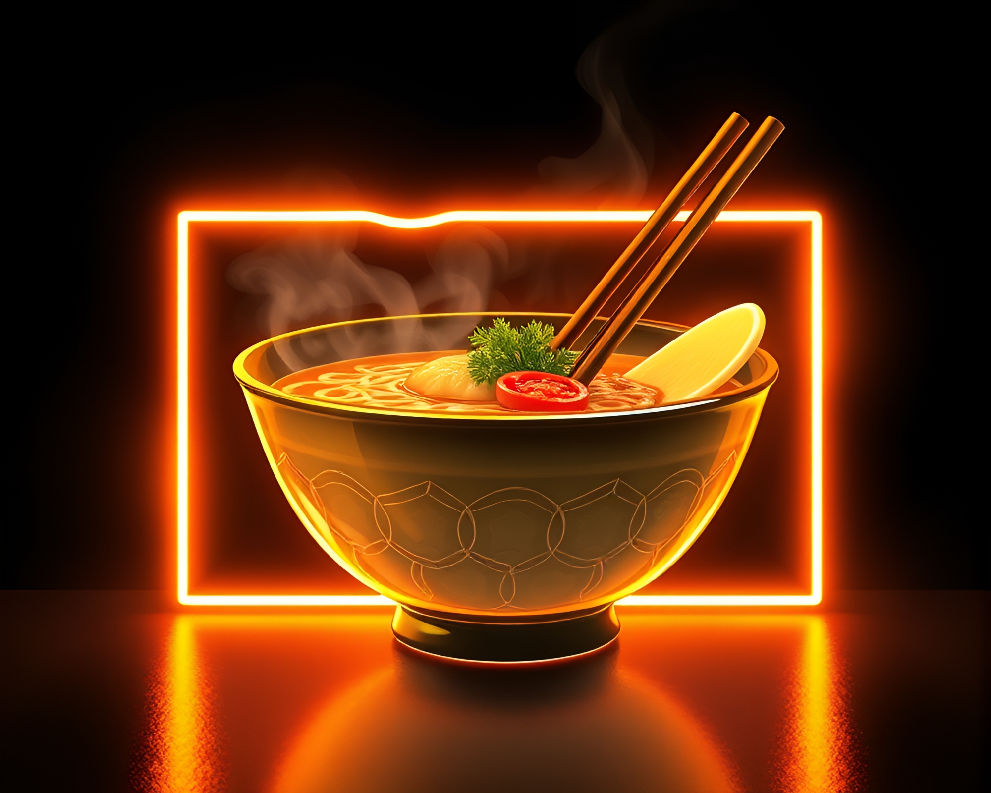 Ramen bowl within glowing frame: line art style – free AI stock image
