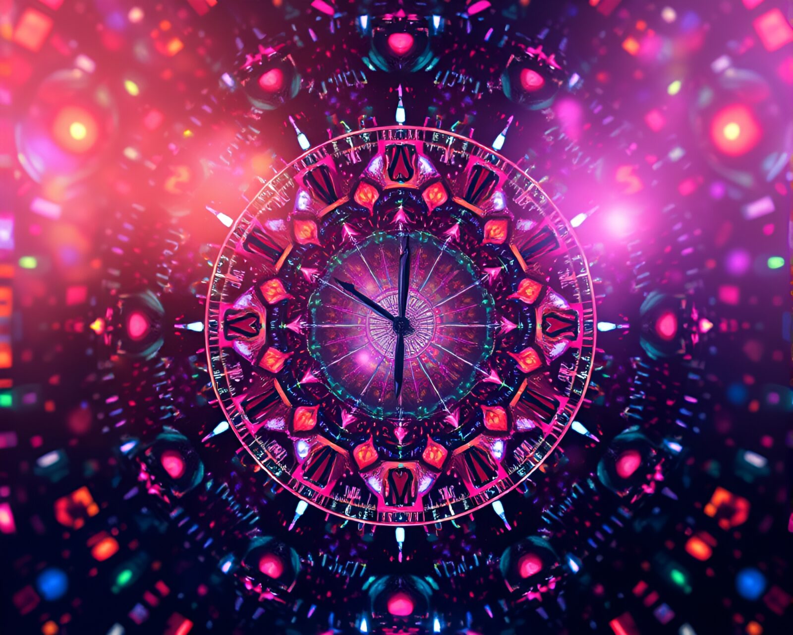 Fragmented clock patterns in dreamy ASCII art design