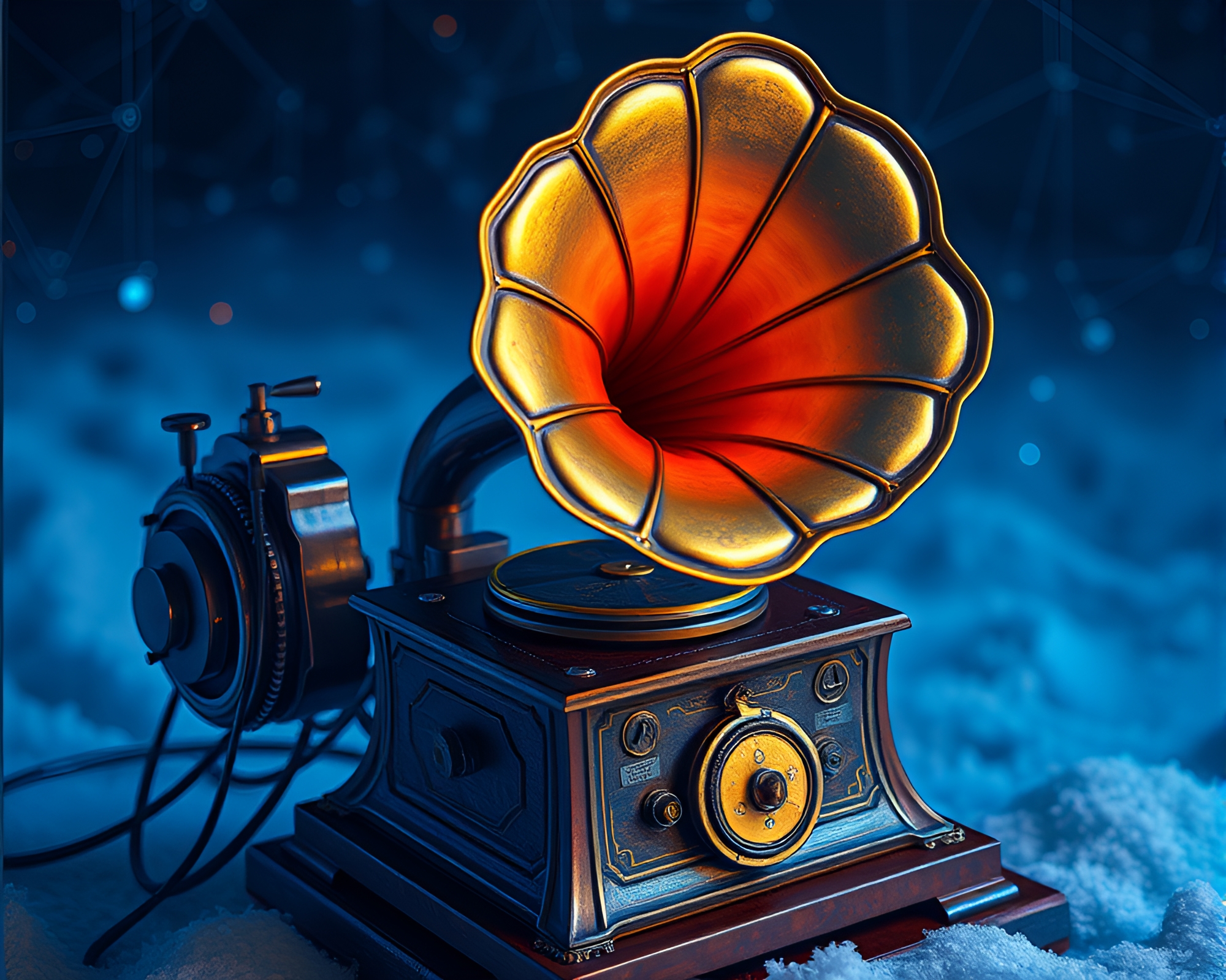 Steampunk Gramophone in Arctic Blue Wonderland – free AI stock image