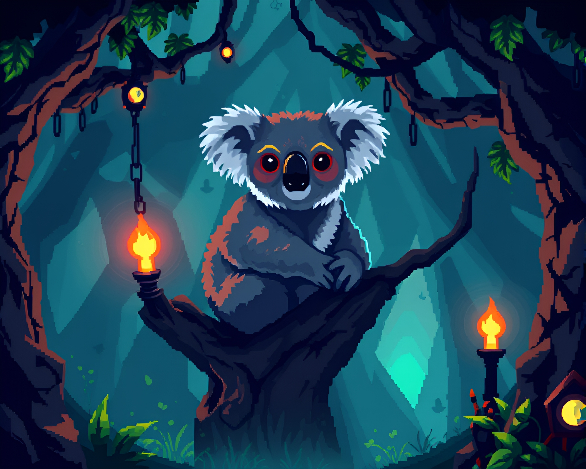 Koala in Dungeon Torchlight – Retro Pixel Art – free AI stock image