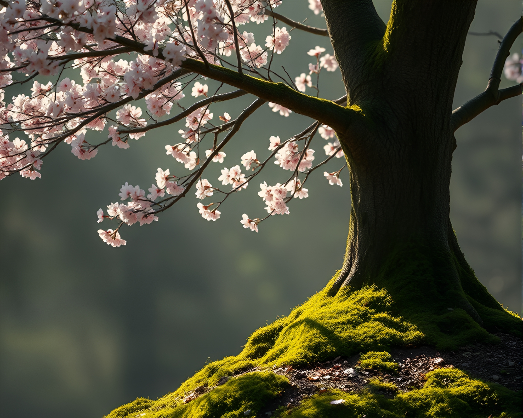 Enchanting Cherry Blossom Tree Moss Garden – free AI stock image