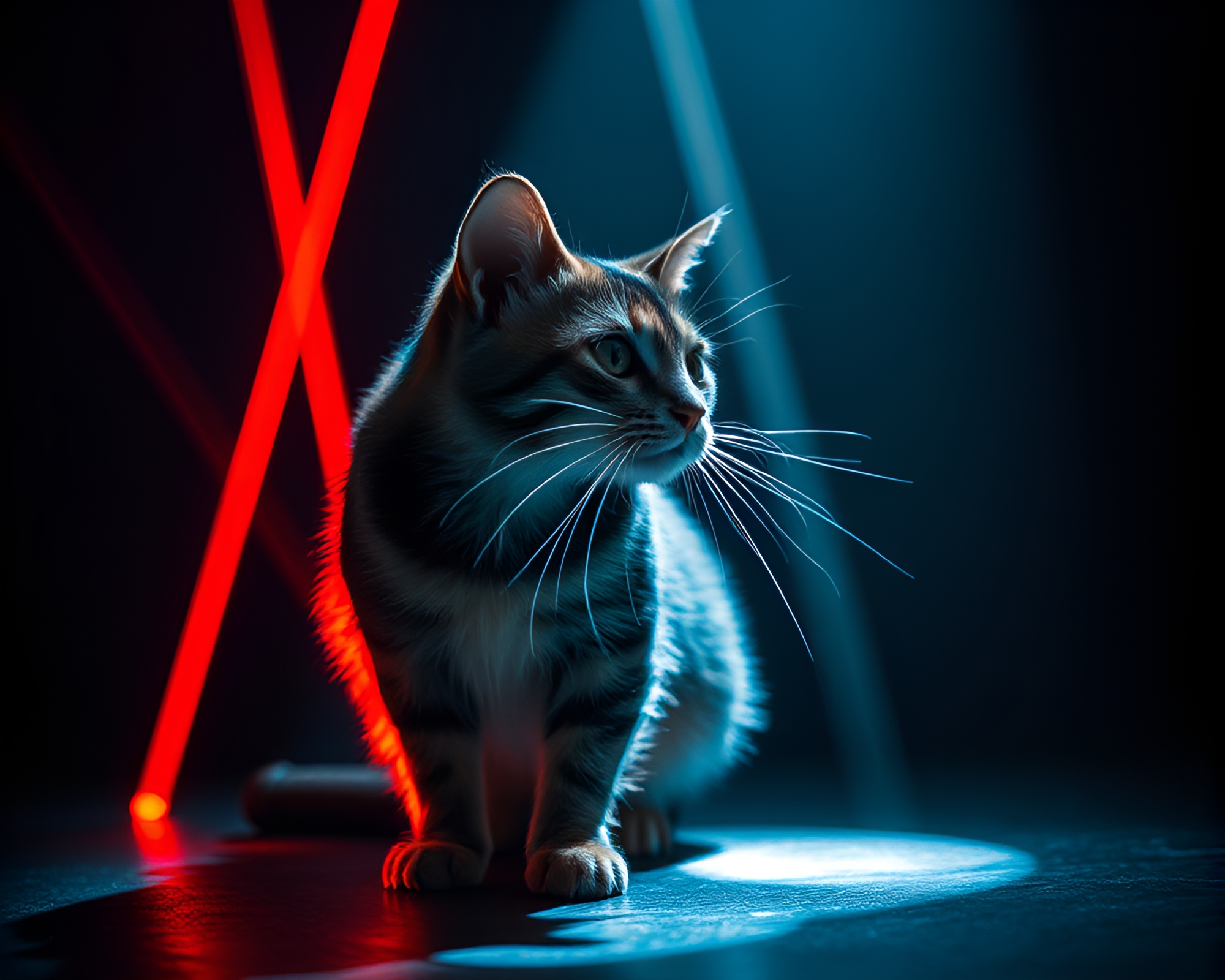 Surreal Schrodinger’s Cat in Laser Beam Theater – free AI stock image