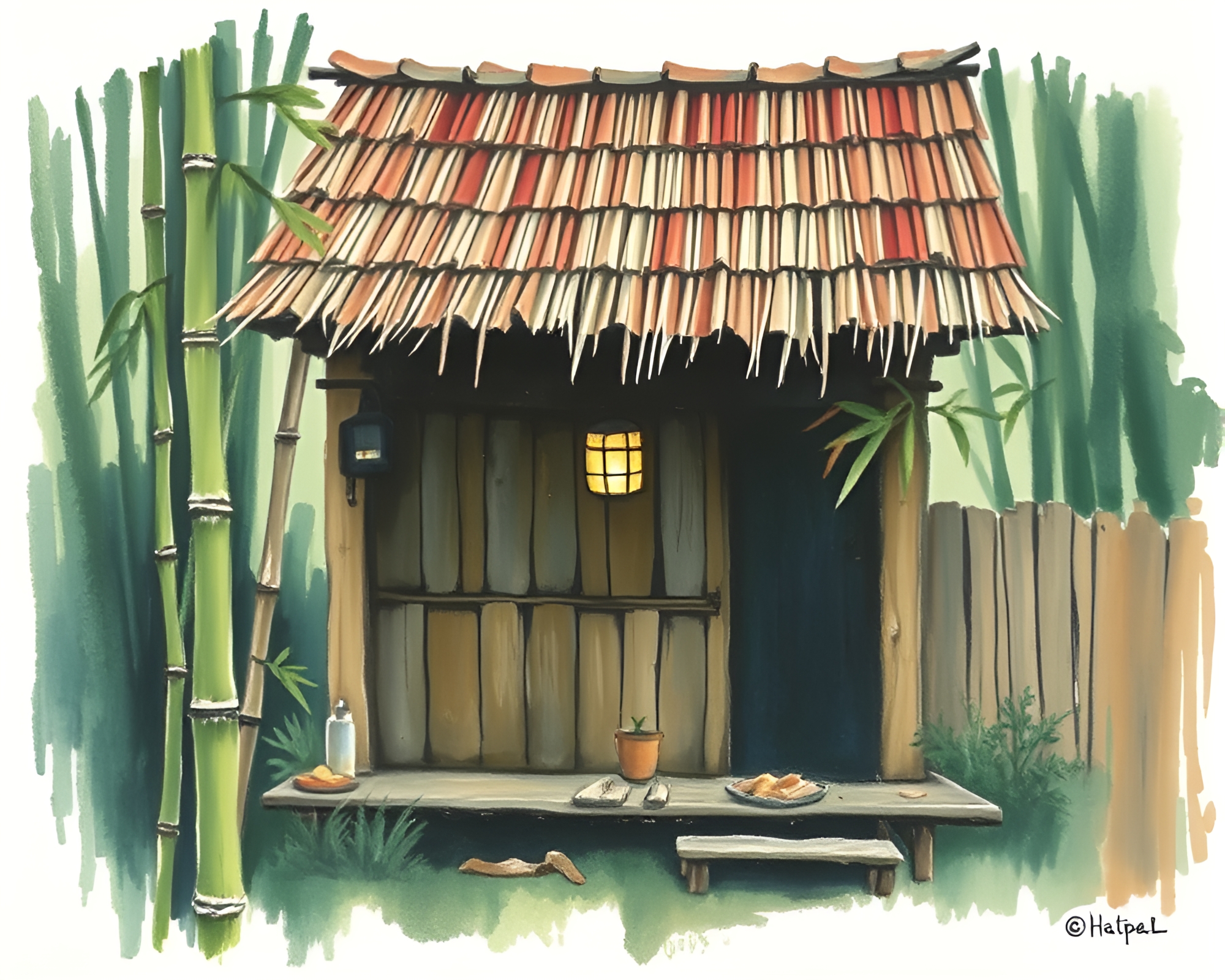 Bamboo Hut Sunset: Impasto Style Art – free AI stock image