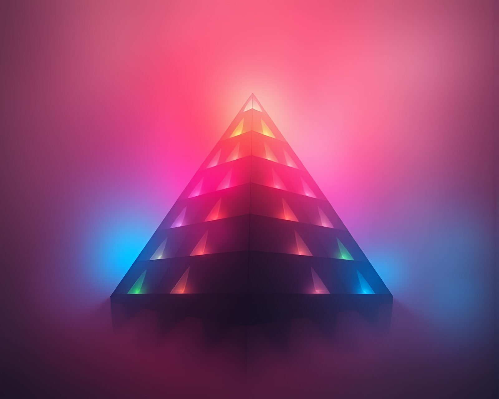 Colorful pyramid rising through fog in unique art style