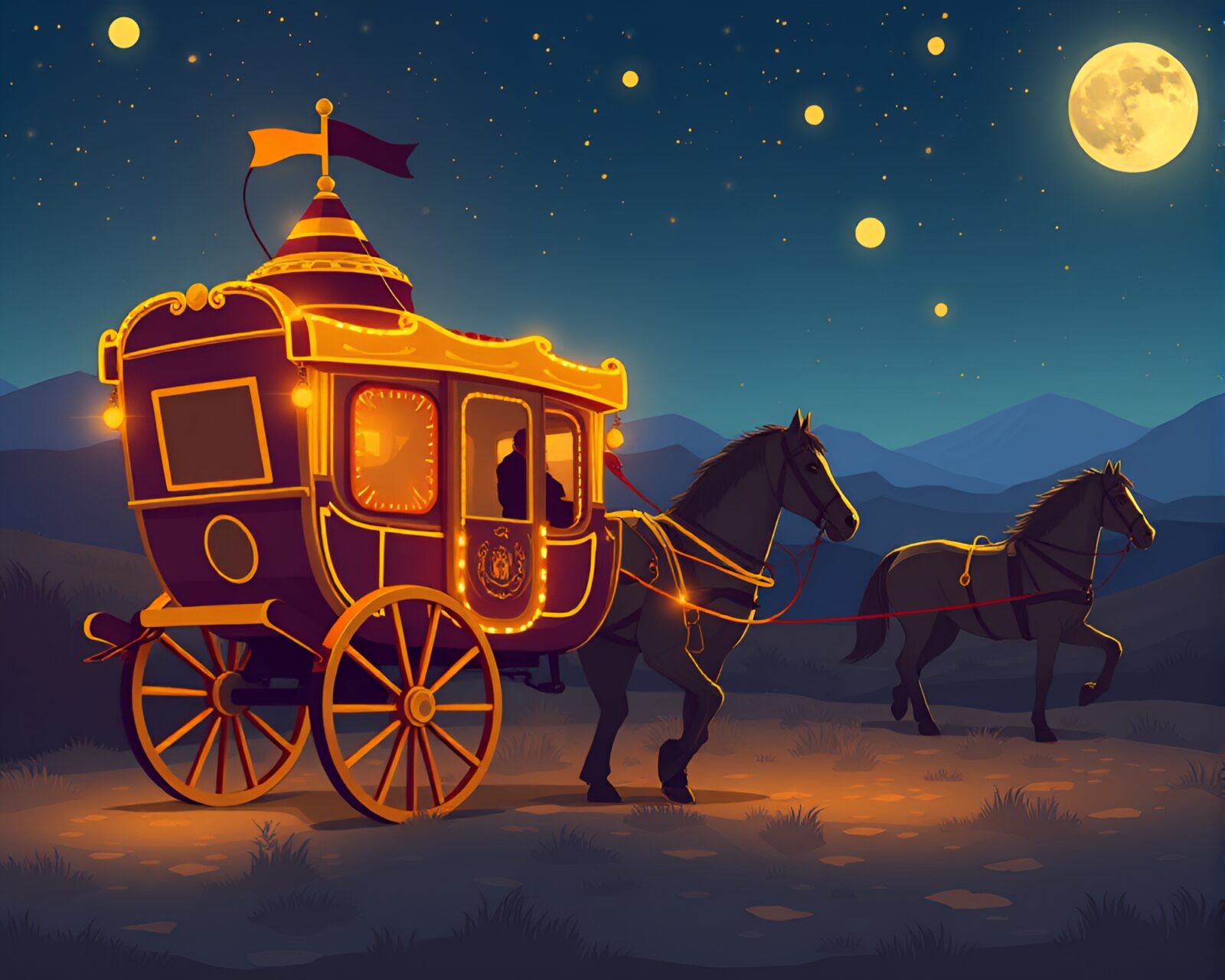 Flat design of a stagecoach glowing in torchlight