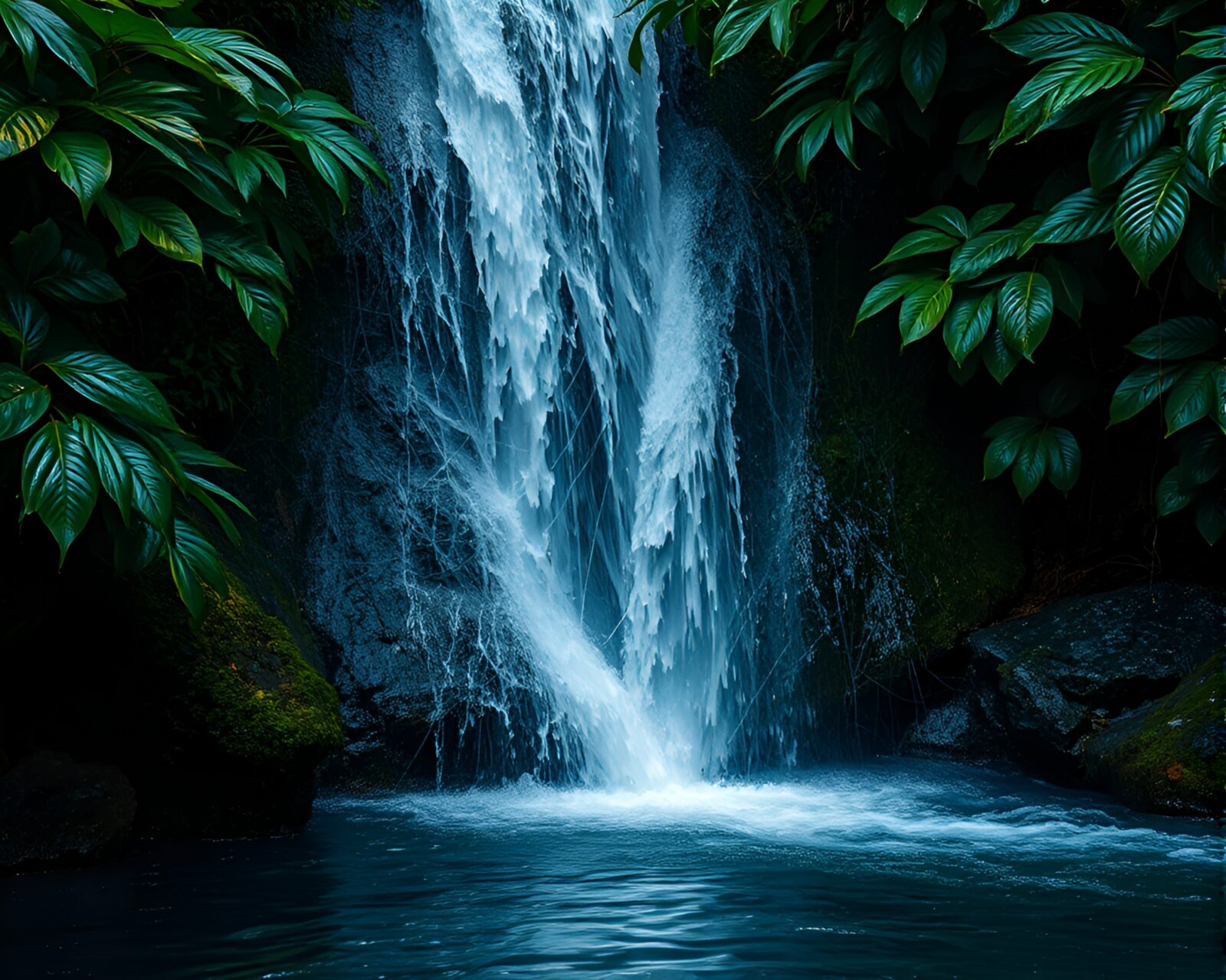 Surreal waterfall scene with shining cobweb strands